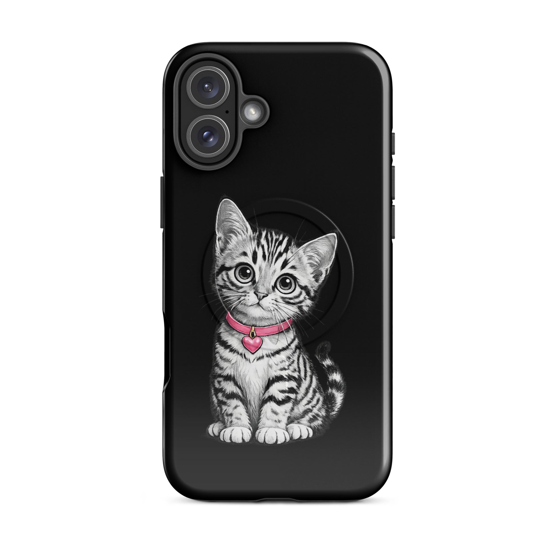 Magnetic Phone Case for iPhone with kitten design, pink collar and heart charm, elegant pencil-sketch style