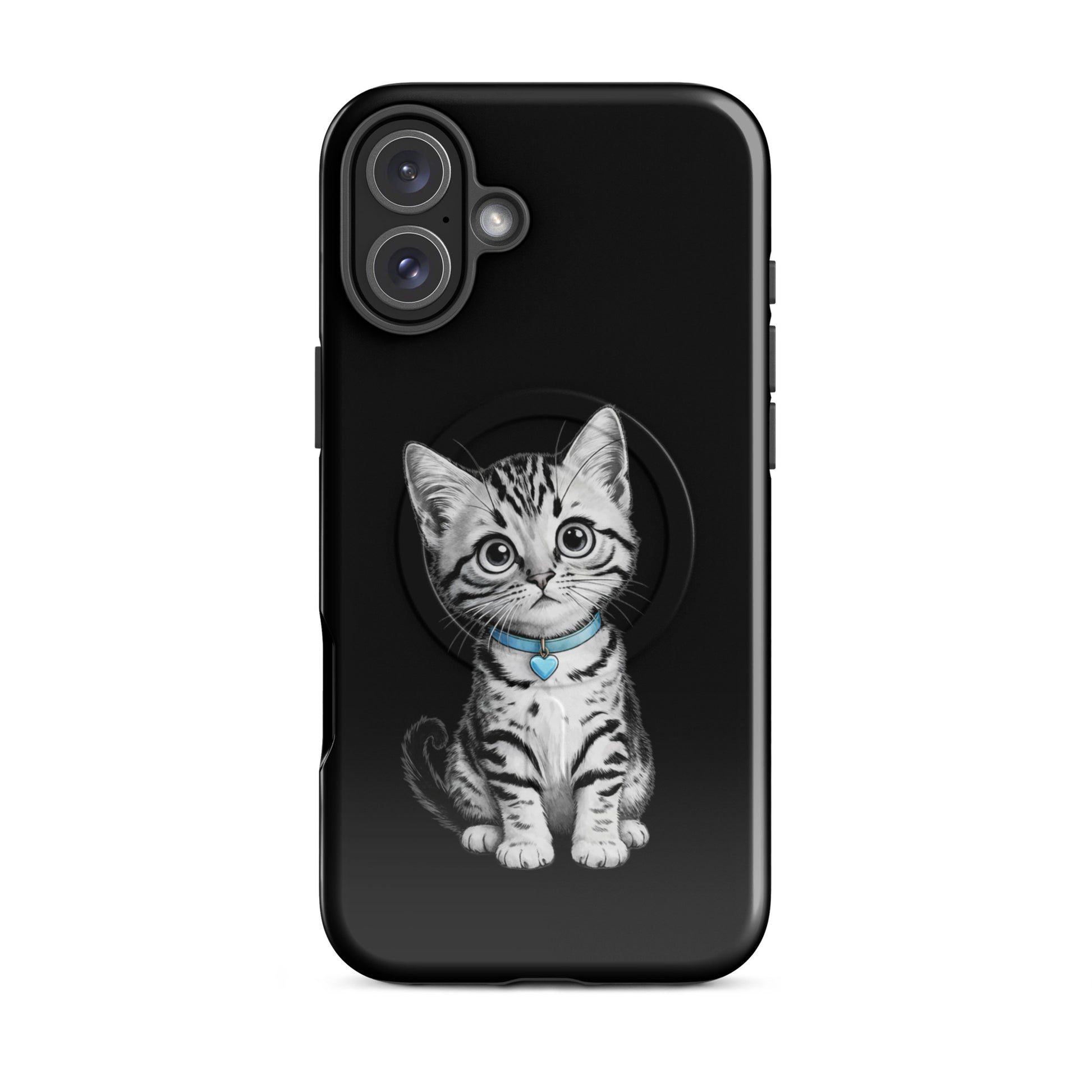 Magnetic Phone Case for iPhone featuring pencil-sketch kitten with blue collar and heart charm on black and white design.