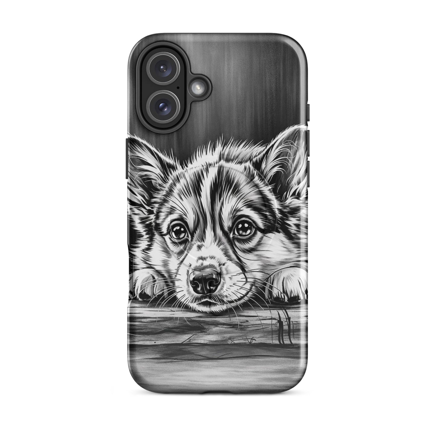 Magnetic Phone Case for iPhone featuring elegant black-and-white puppy art design with premium protection.