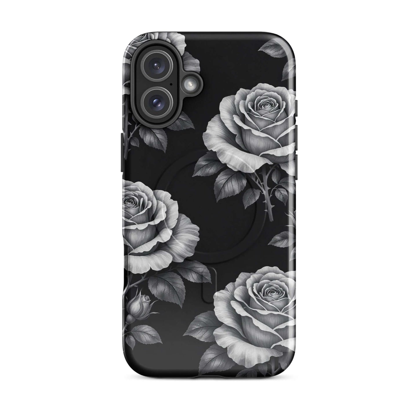 Magnetic Phone Case for iPhone with rose garden design in black and white, featuring hand-sketched roses on a black background.