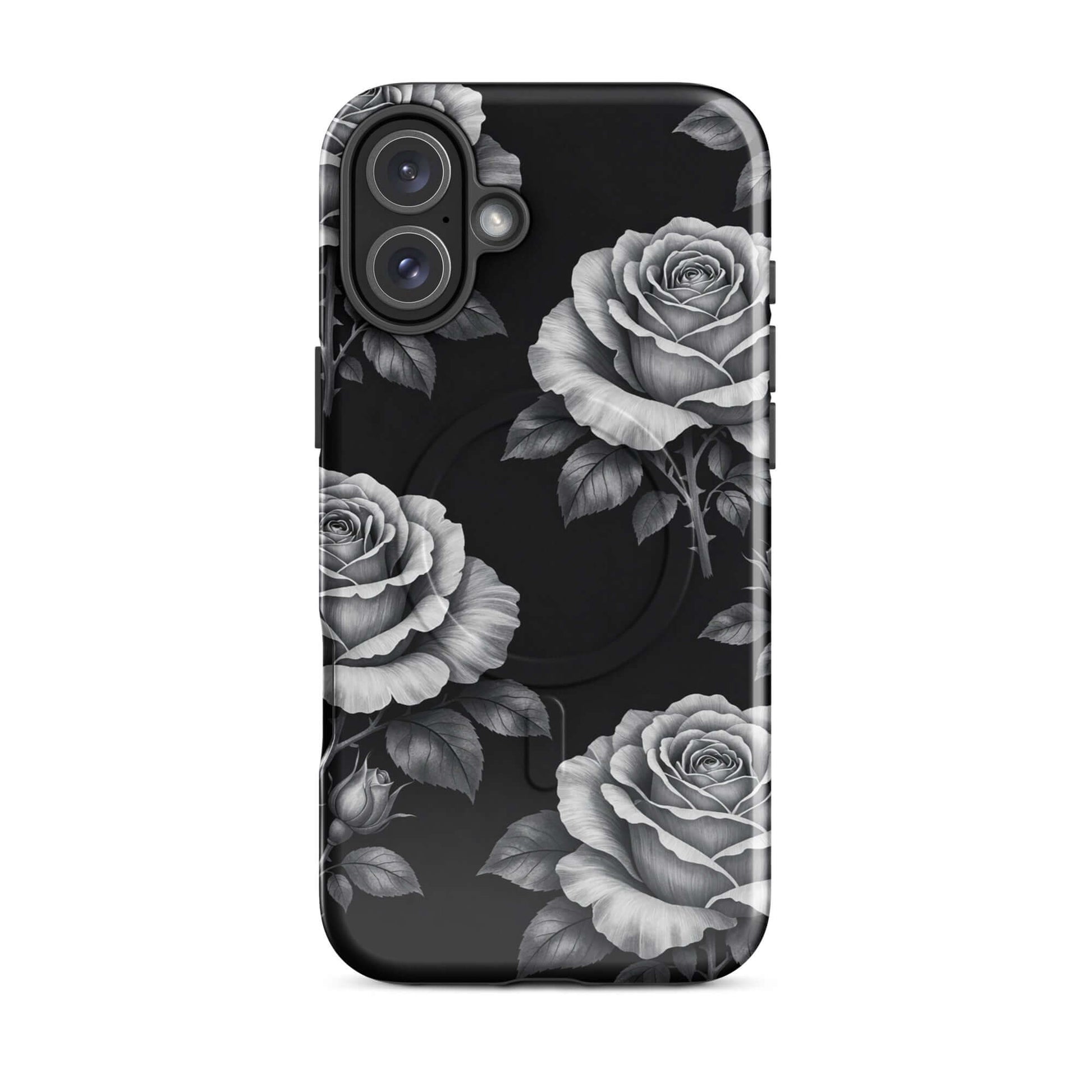 Magnetic Phone Case for iPhone with rose garden design in black and white, featuring hand-sketched roses on a black background.