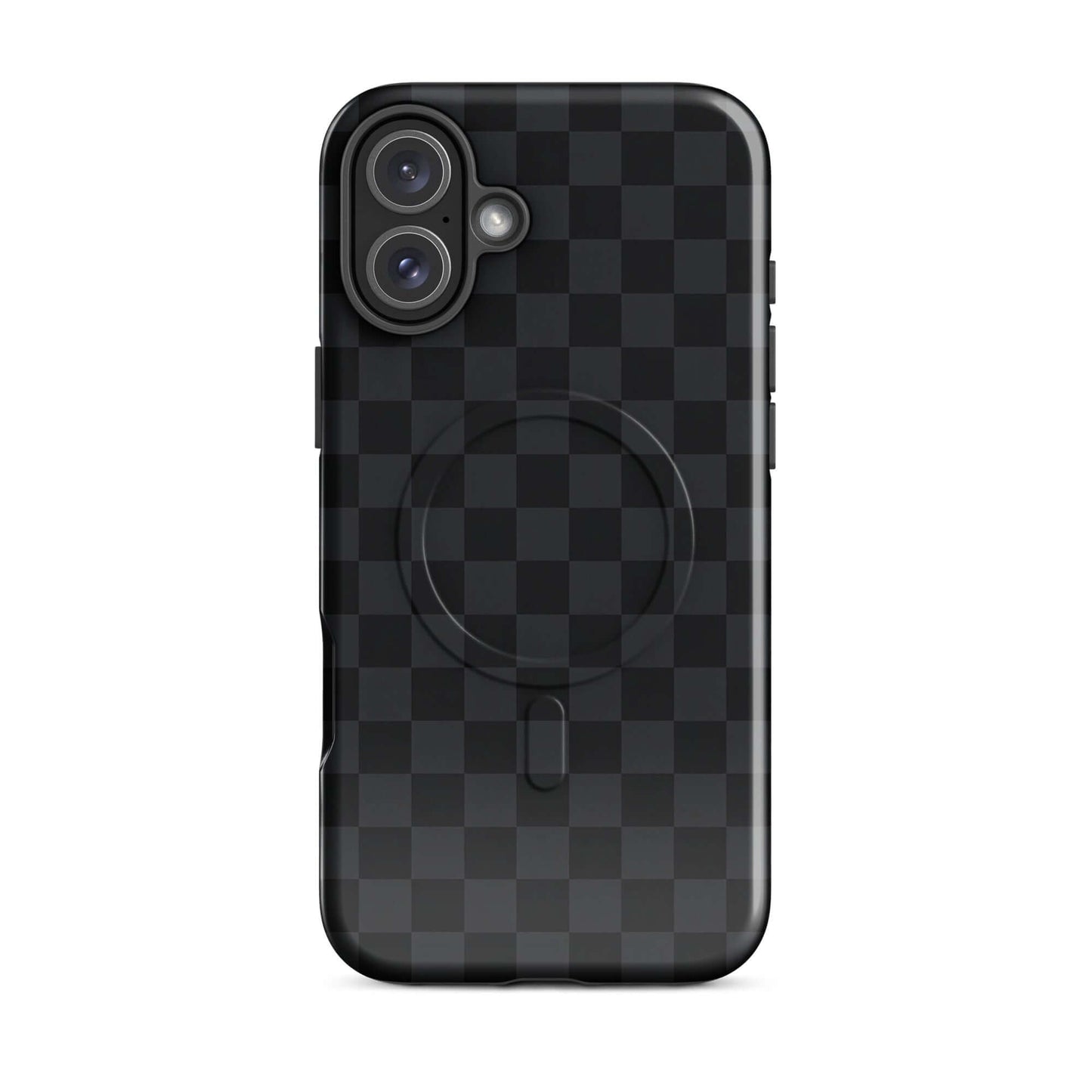 Magnetic Phone Case with black and charcoal checkered design, perfect for iPhone, offering style and protection.
