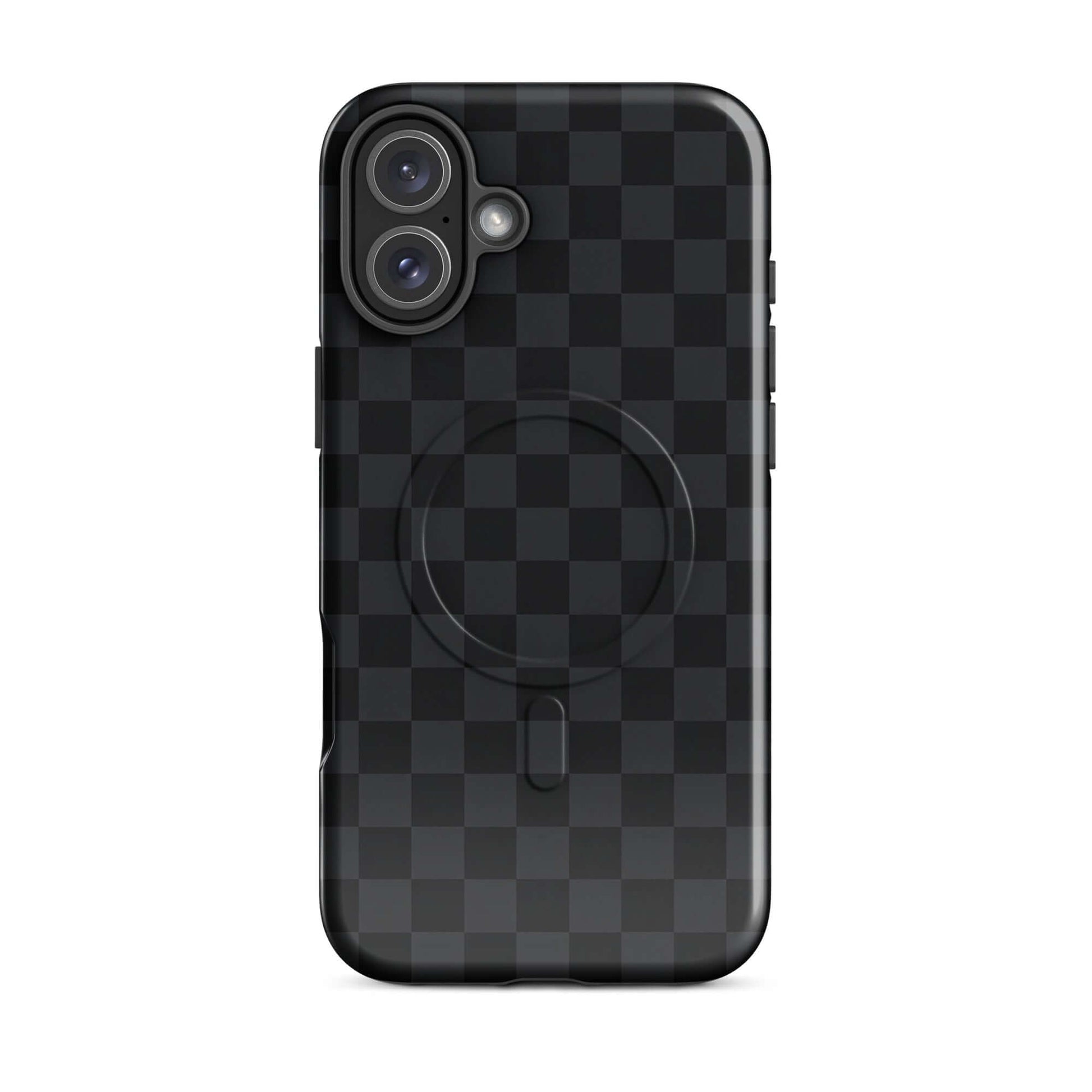 Magnetic Phone Case with black and charcoal checkered design, perfect for iPhone, offering style and protection.