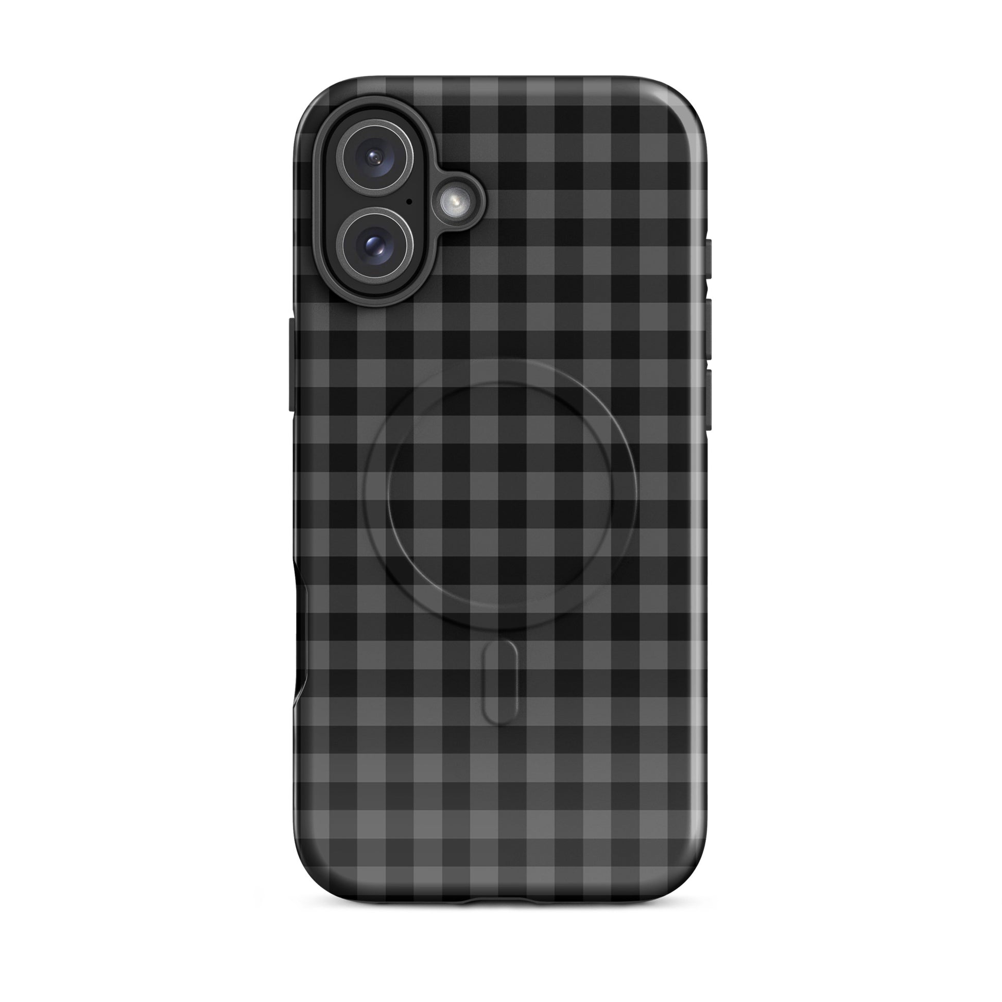 Magnetic Phone Case for iPhone with black charcoal gingham pattern, stylish and durable accessory, combines fun and luxury design.