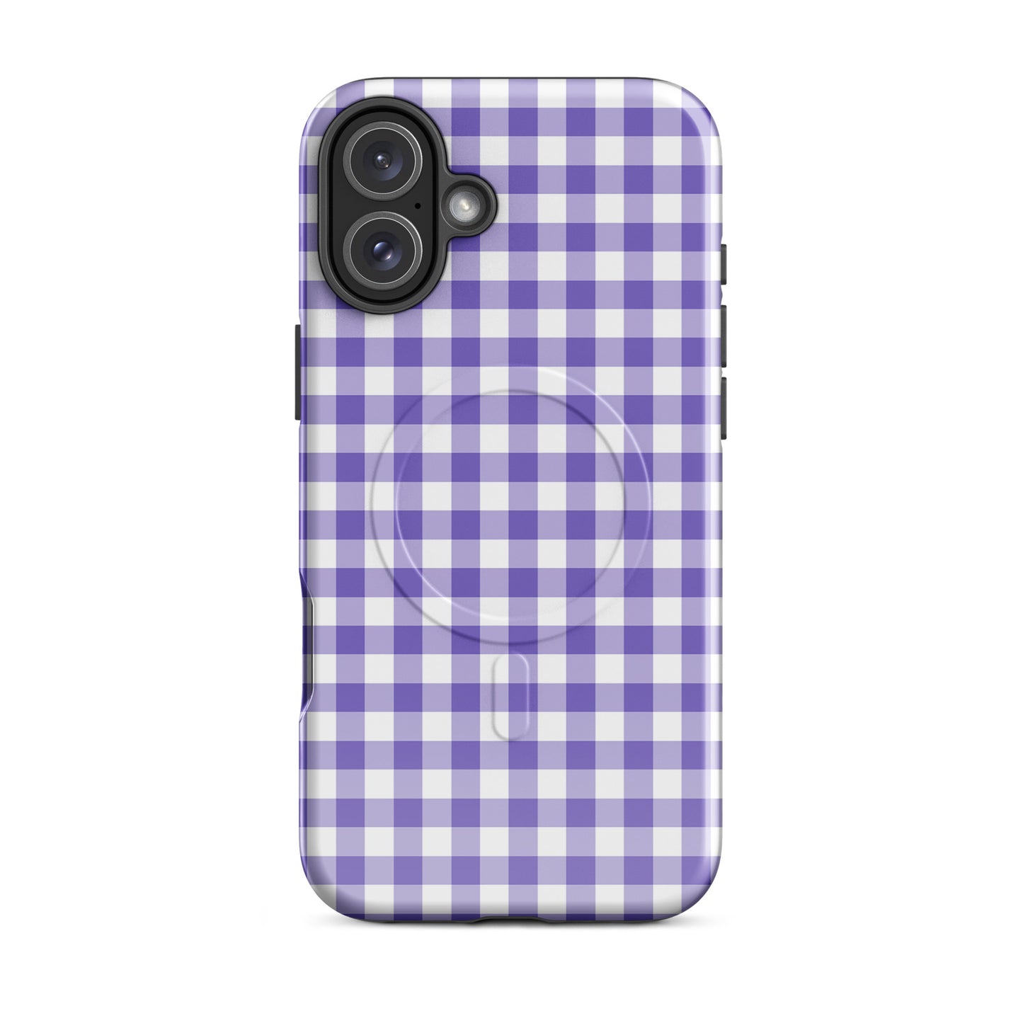 Magnetic Phone Case for iPhone with purple gingham pattern, combines stylish design and luxury protection.