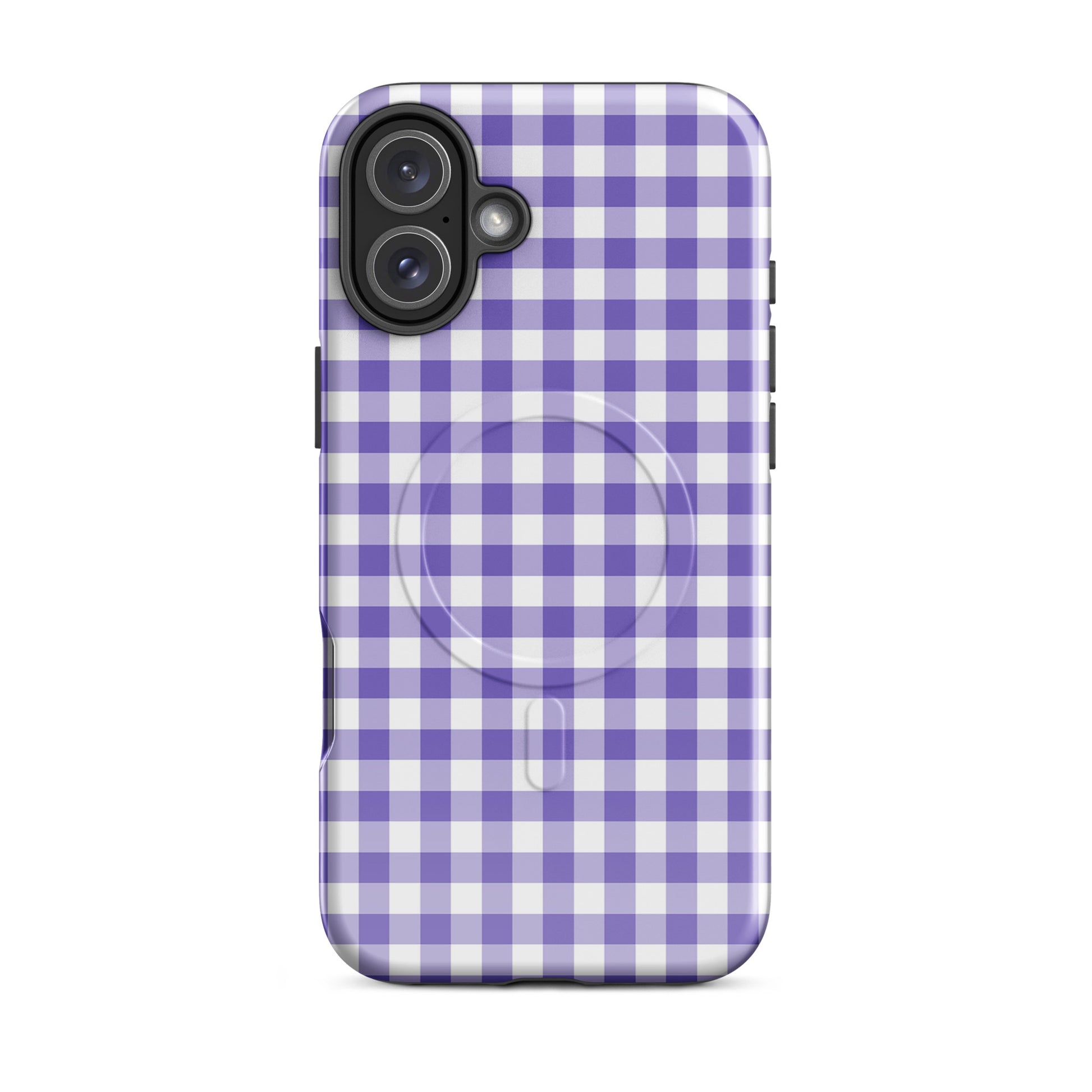 Magnetic Phone Case for iPhone with purple gingham pattern, combines stylish design and luxury protection.
