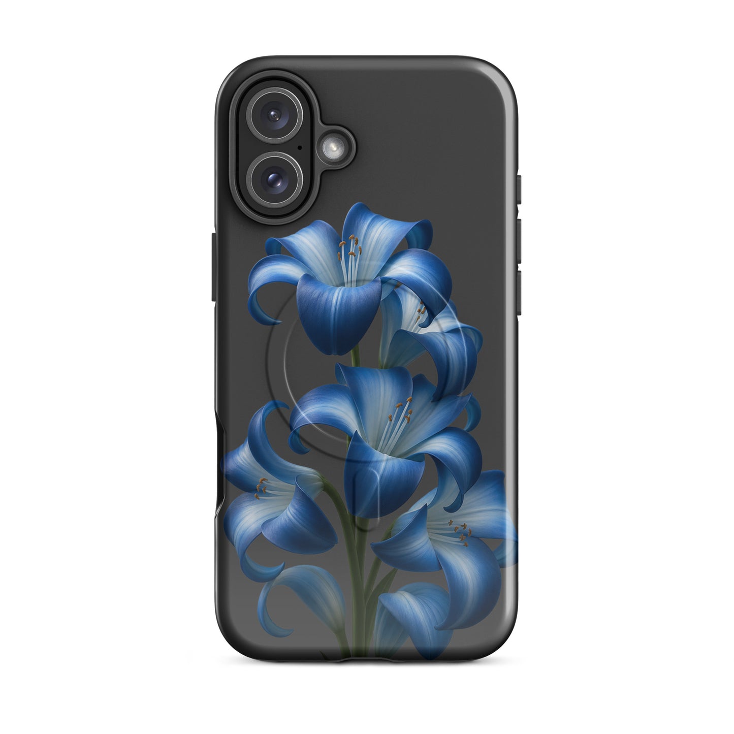 Magnetic Phone Case for iPhone with Blue Lily Bloom Art, featuring vibrant blue lilies on a sleek dark background for style and protection.