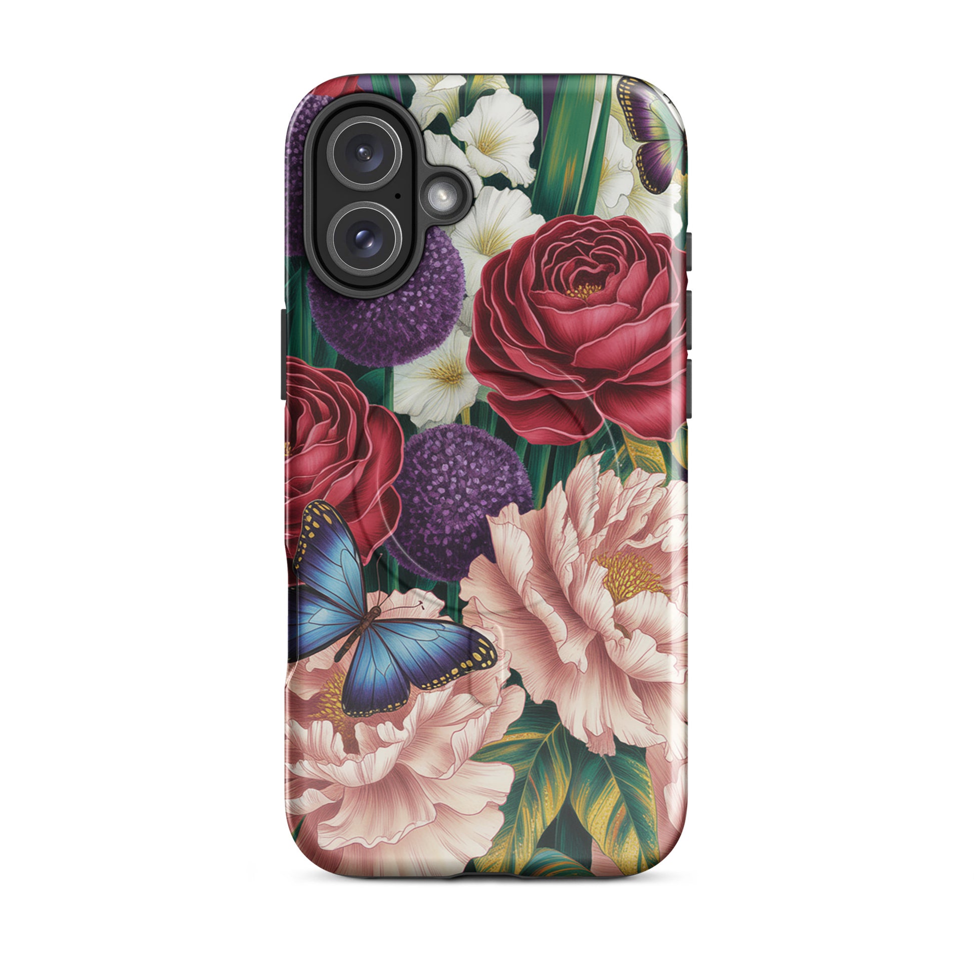 Magnetic Phone Case for iPhone with floral design, featuring crimson roses, pink peonies, purple alliums, and butterflies.
