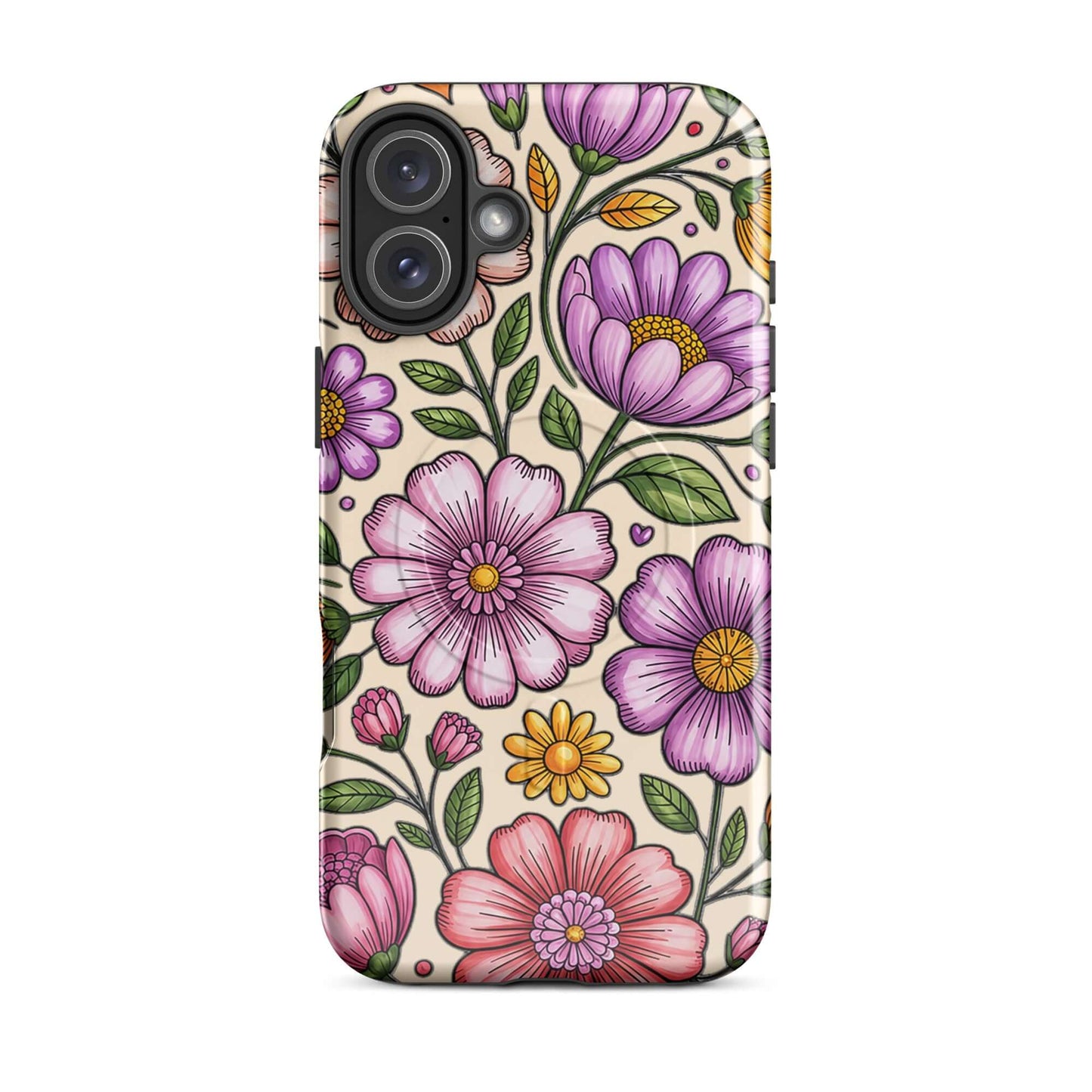 Magnetic Phone Case: Pastel Floral design with vibrant pink, peach, lavender, and yellow flowers on a durable polycarbonate shell.