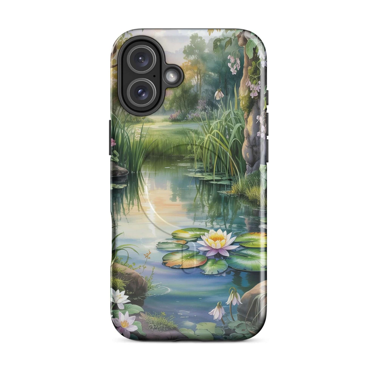 Magnetic Phone Case for iPhone with enchanted pond design featuring lily-dotted water, lush greenery, and wildflowers at sunset.