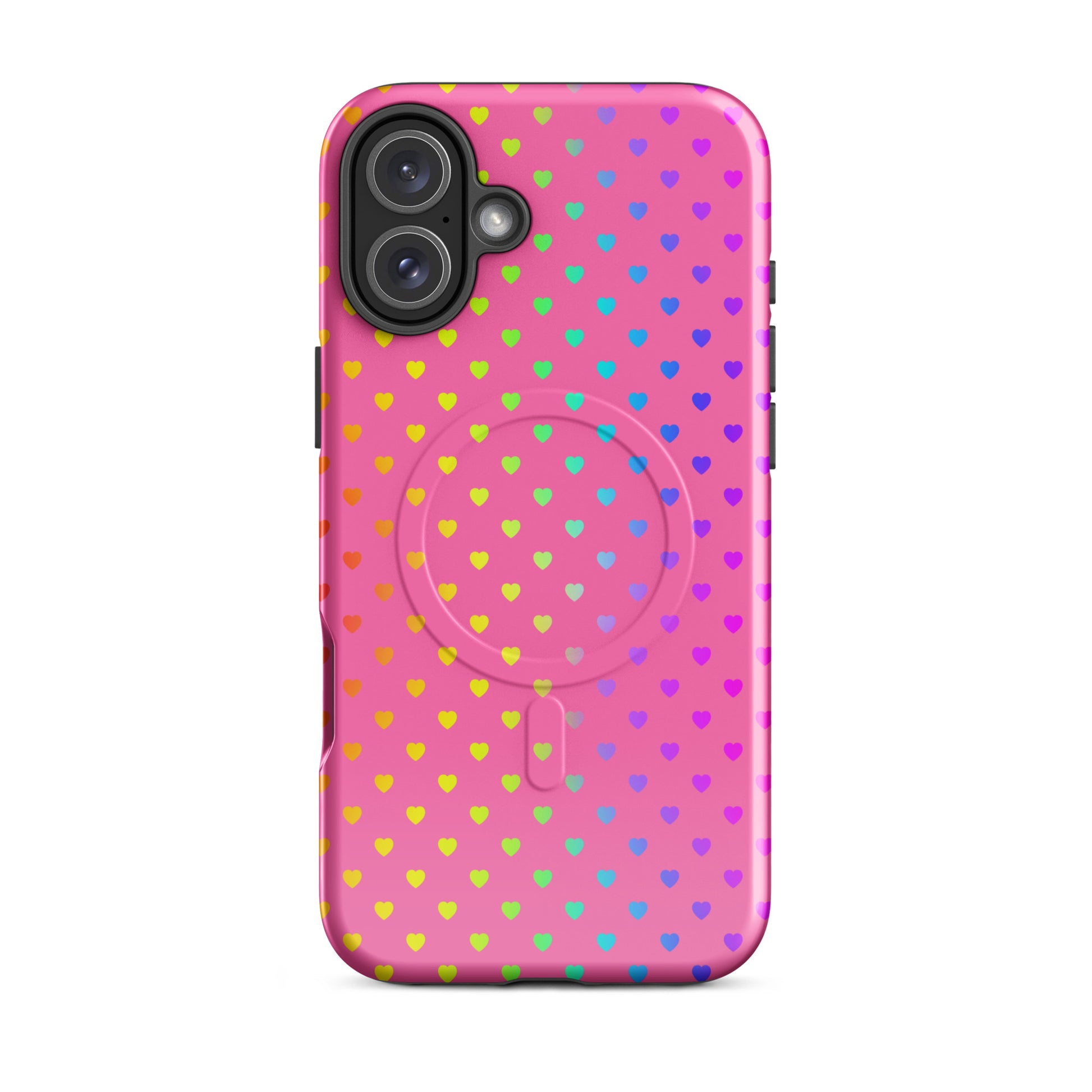 Magnetic Phone Case for iPhone with rainbow heart design on pink background