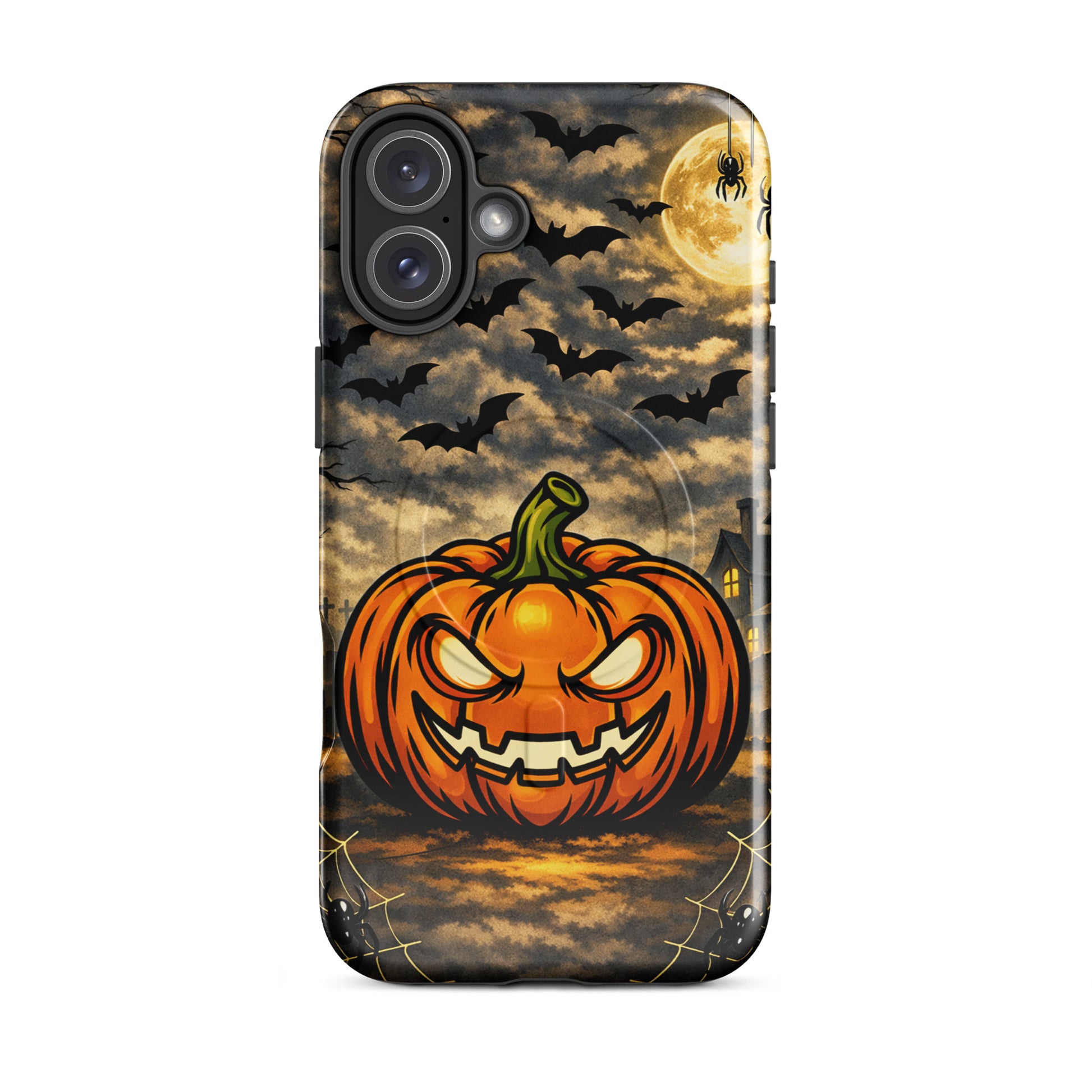 Magnetic Phone Case with Halloween jack-o-lantern, bats, moonlit clouds, and haunted house design enhancing spooky charm.