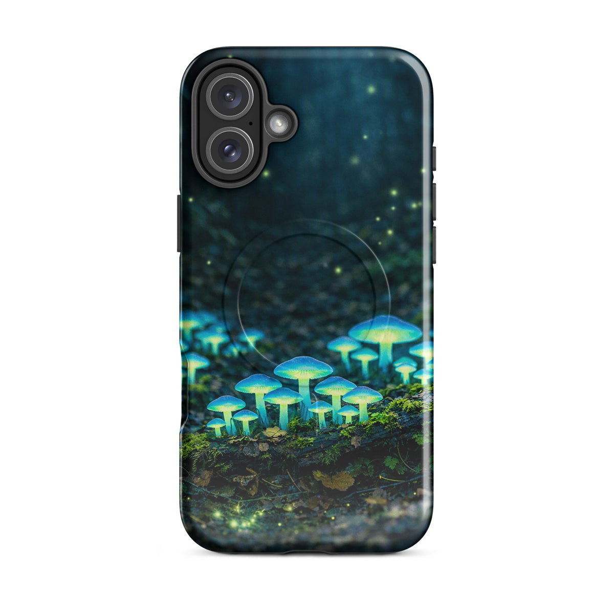 Magnetic Phone Case with bioluminescent forest mushrooms glowing blue-green on iPhone case