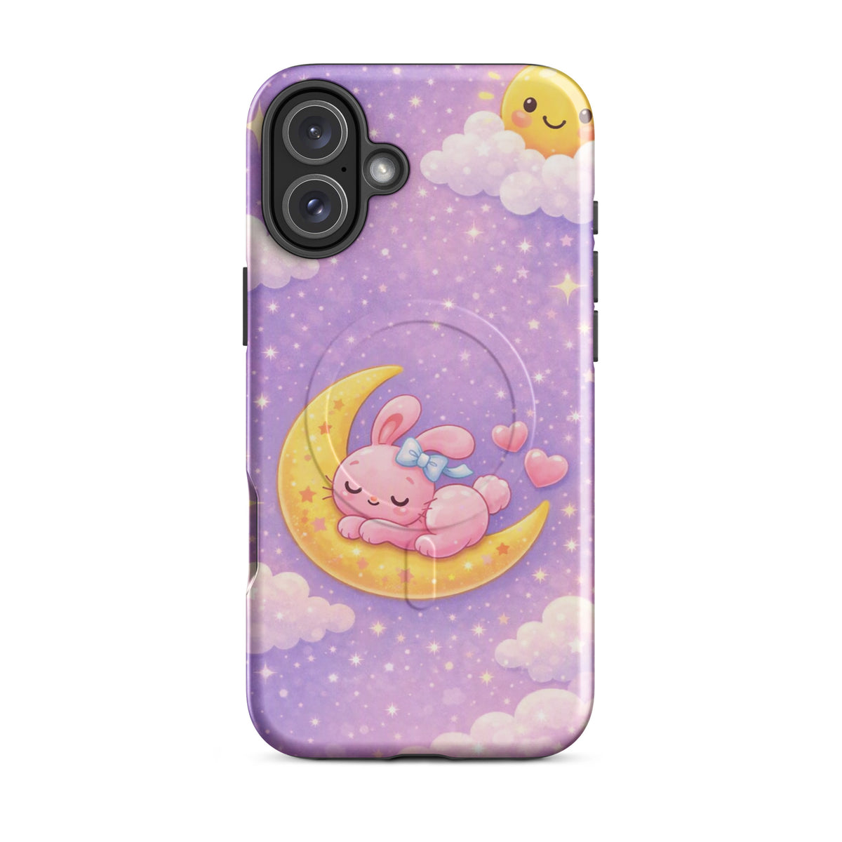 Magnetic Phone Case with dreamy bunny moon design, featuring a pink bunny sleeping on a crescent moon, perfect for iPhone protection.