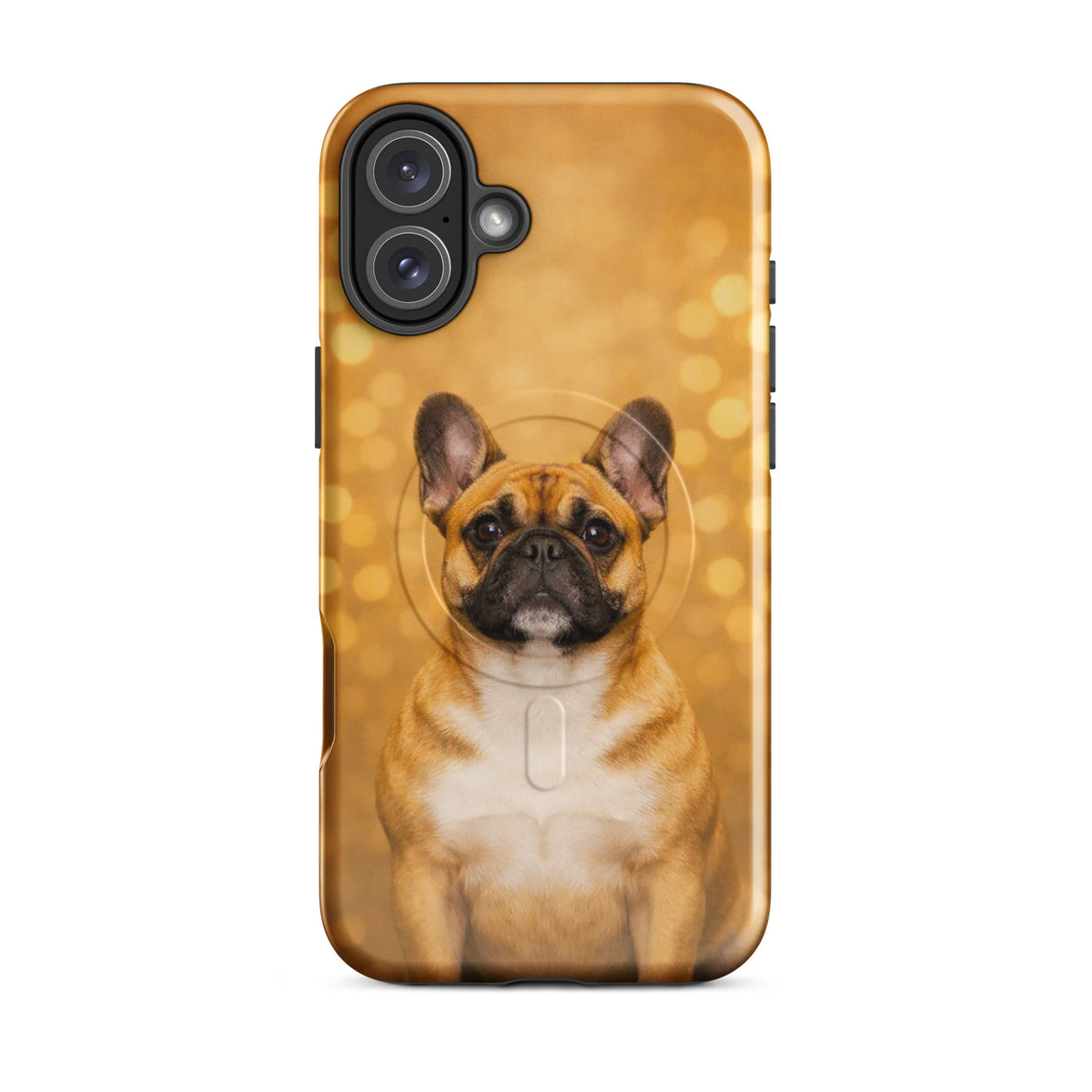 Magnetic Phone Case with French Bulldog design against golden bokeh background for iPhone.