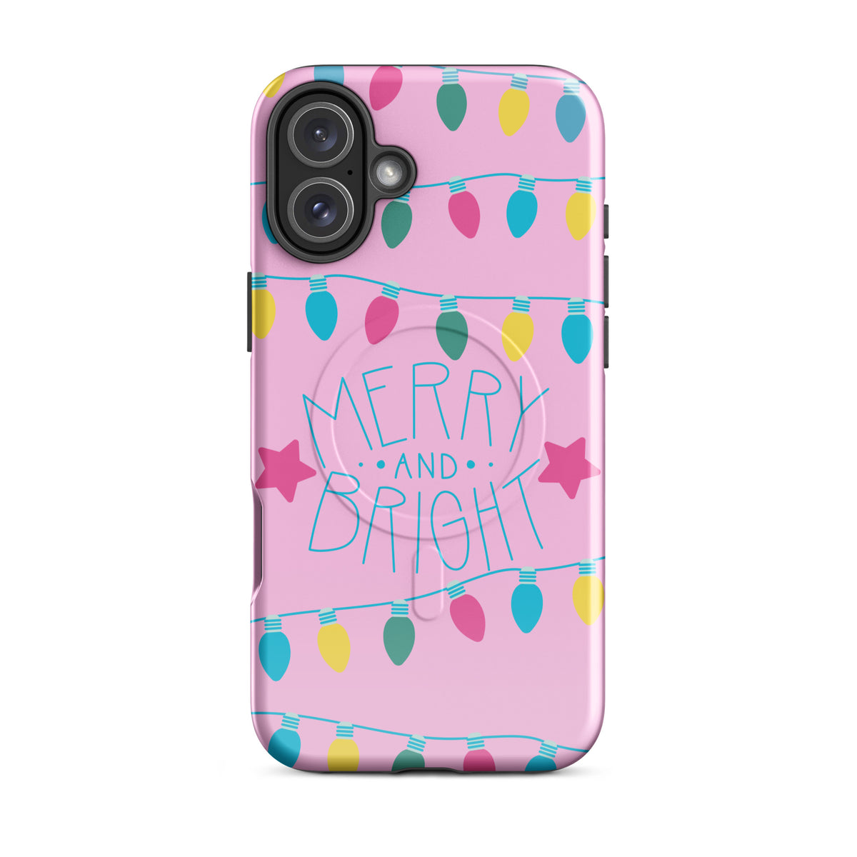 Magnetic Phone Case with 'Merry and Bright' design and colorful holiday lights on pink background for iPhone.