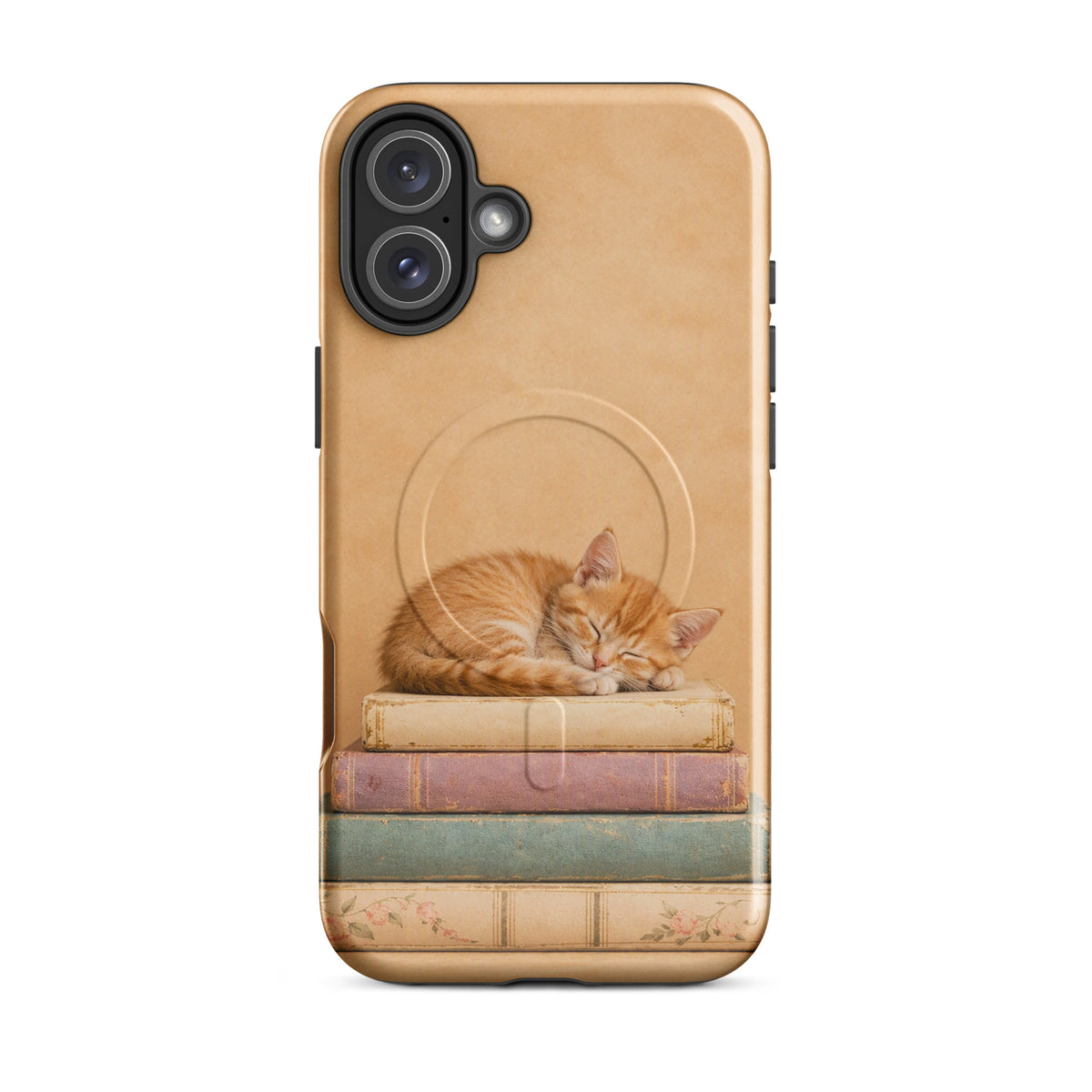 Magnetic Phone Case with sleeping kitten on vintage books, featuring warm colors and soft details for a cozy reading vibe.