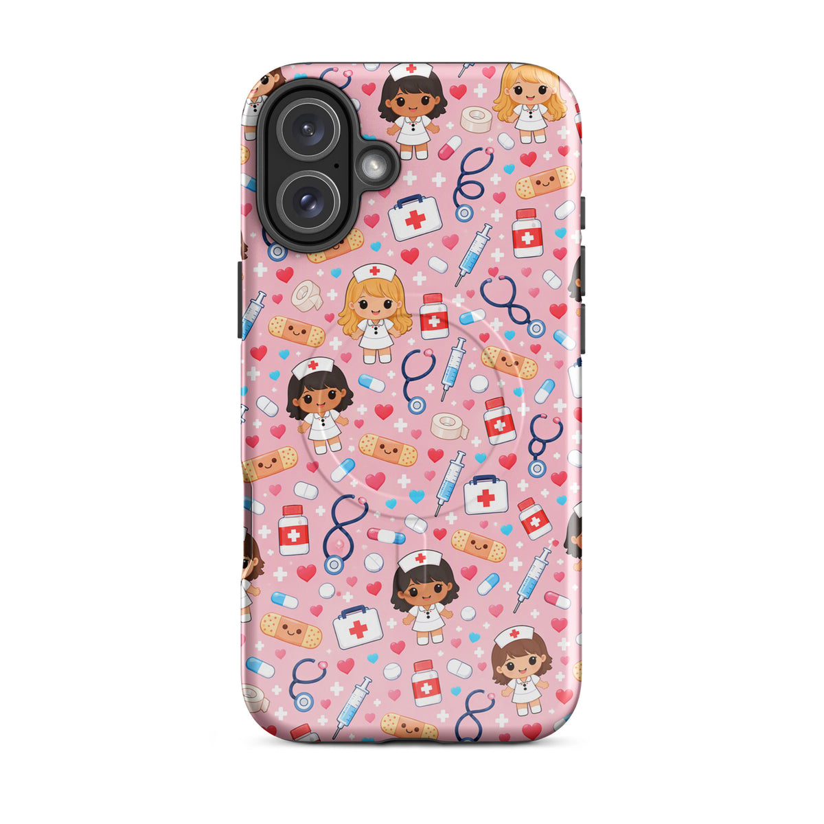 Magnetic Phone Case with kawaii nurse medical pattern on pink background, featuring healthcare-themed elements like bandages and stethoscopes.