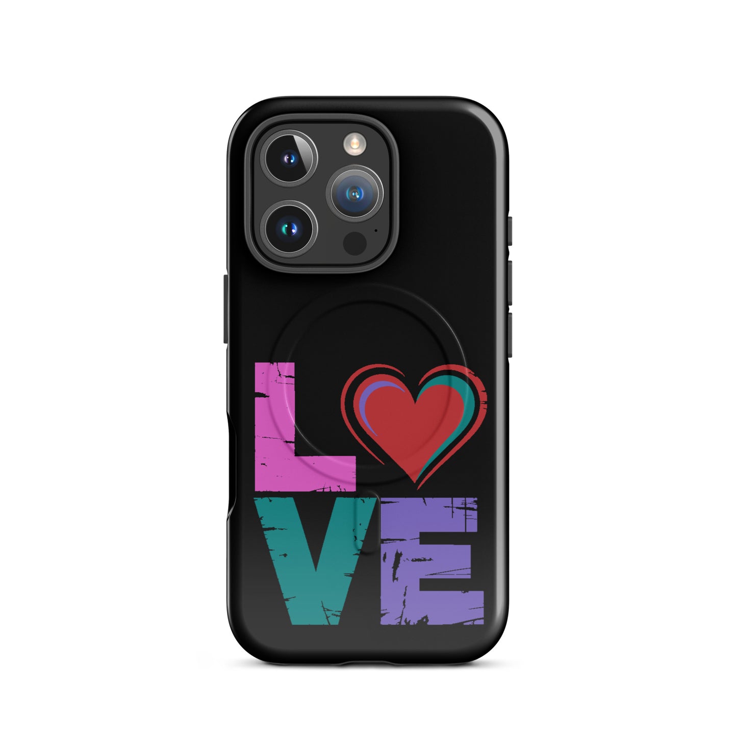 Love Magnetic Dual-Layer Tough Case for iPhone featuring colorful 'LOVE' design with heart.