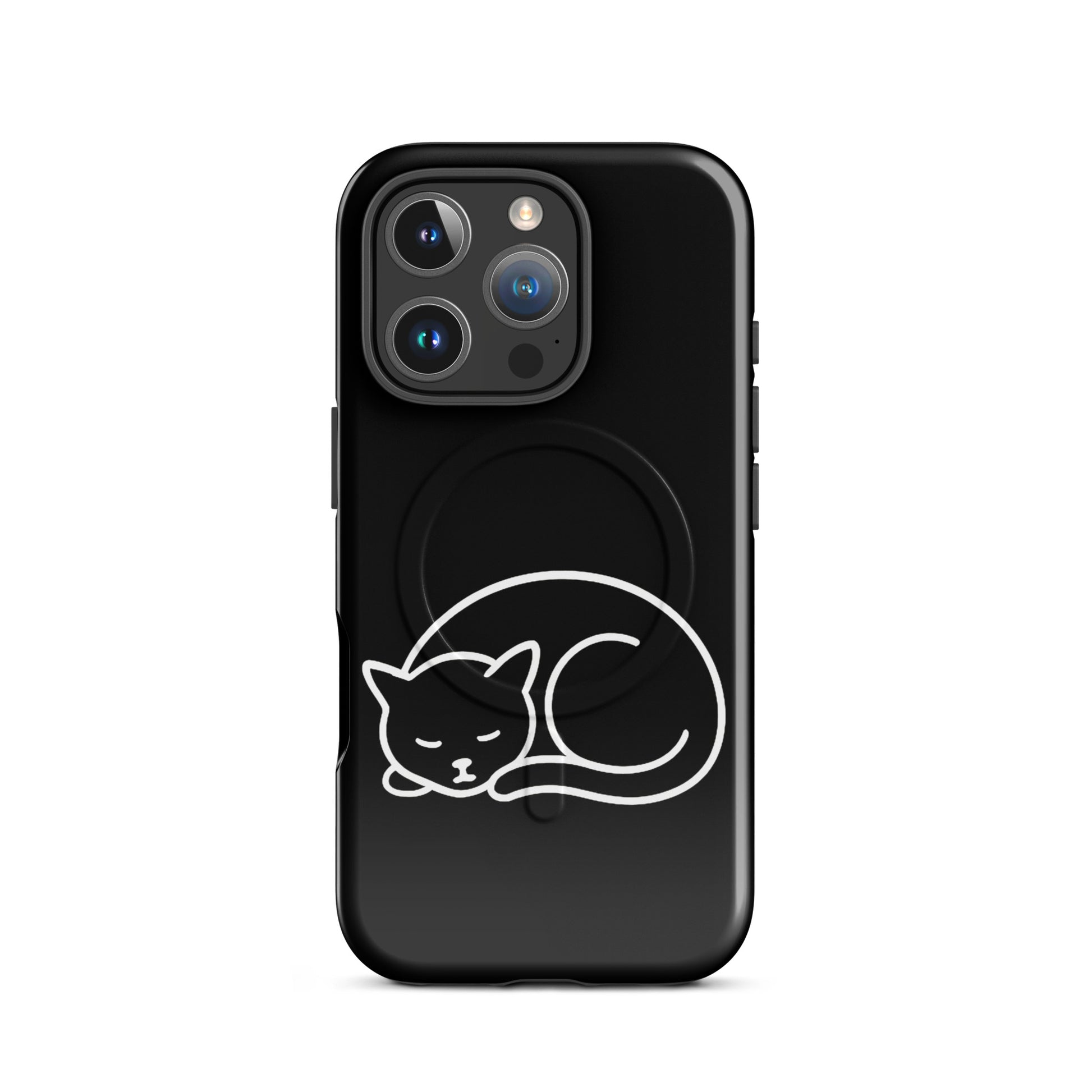 Magnetic Phone Case for iPhone featuring a minimalist curled-up cat design on a sleek black background.