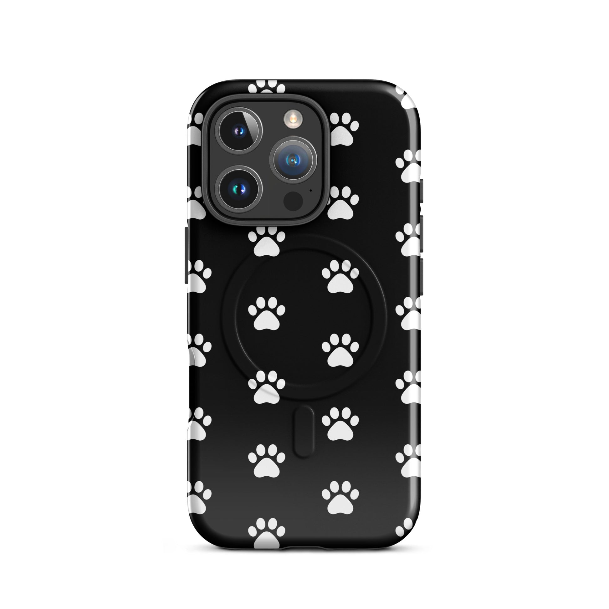 Magnetic Phone Case with paw print design for pet lovers, featuring a stylish black background and minimalist paw icons.