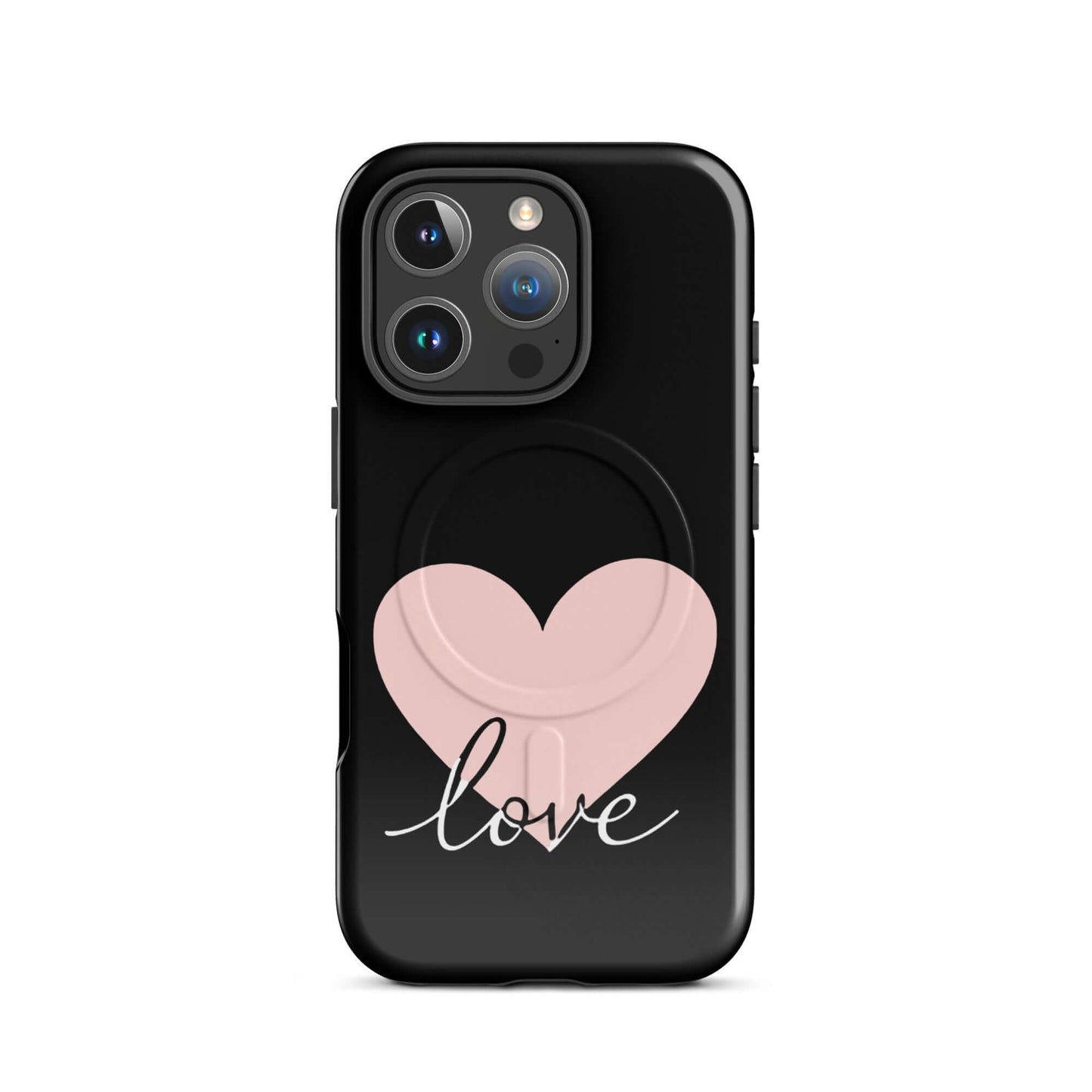 Magnetic Phone Case featuring heart and script love design on a black background
