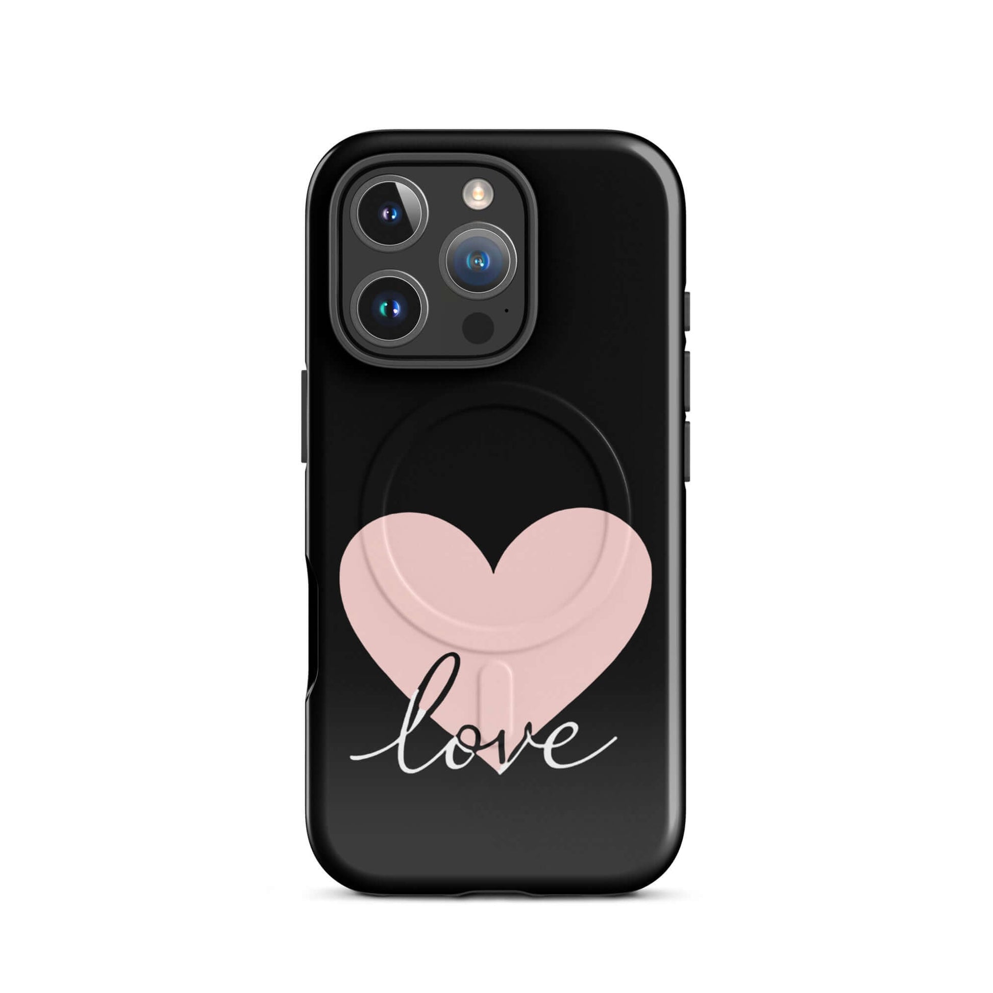 Magnetic Phone Case featuring heart and script love design on a black background