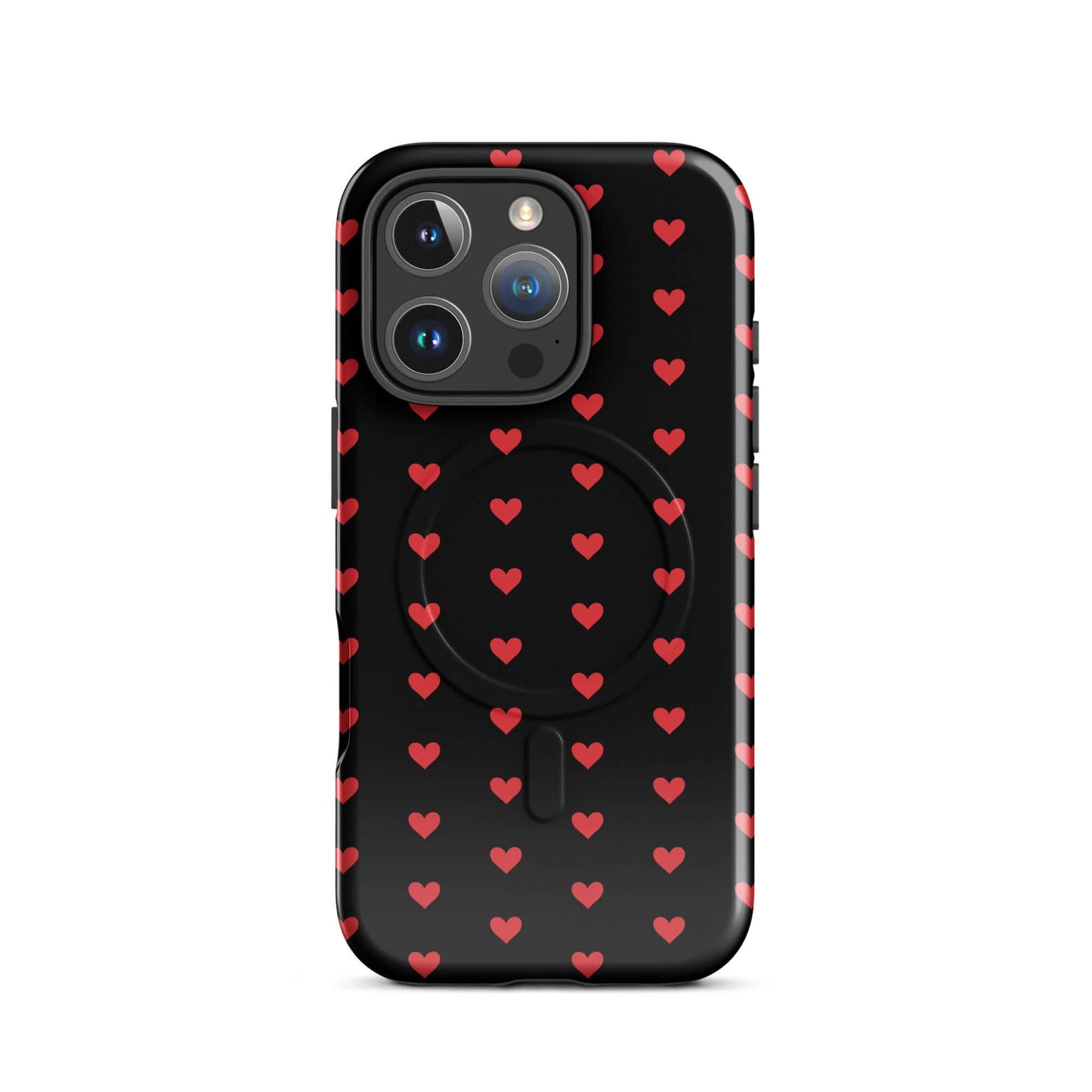 Magnetic Phone Case featuring fiery red hearts on a black background, showcasing modern design and protection.