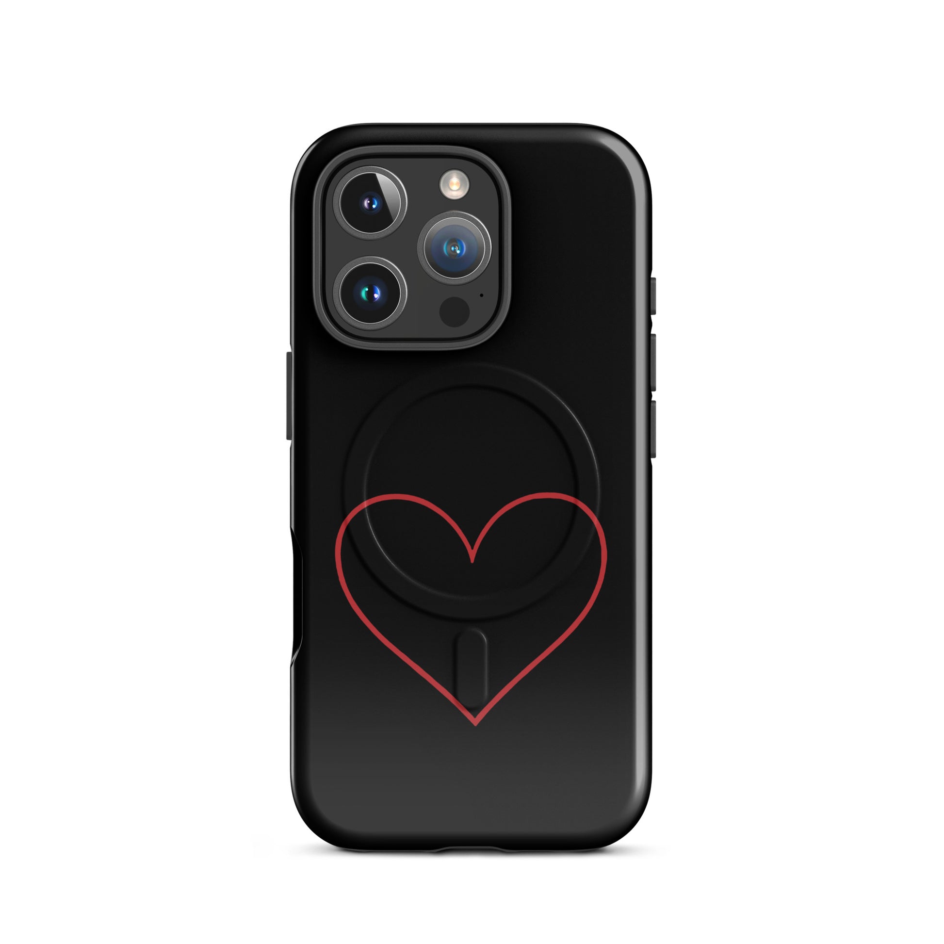 Magnetic Phone Case for iPhone with minimalist crimson heart design on sleek black background.