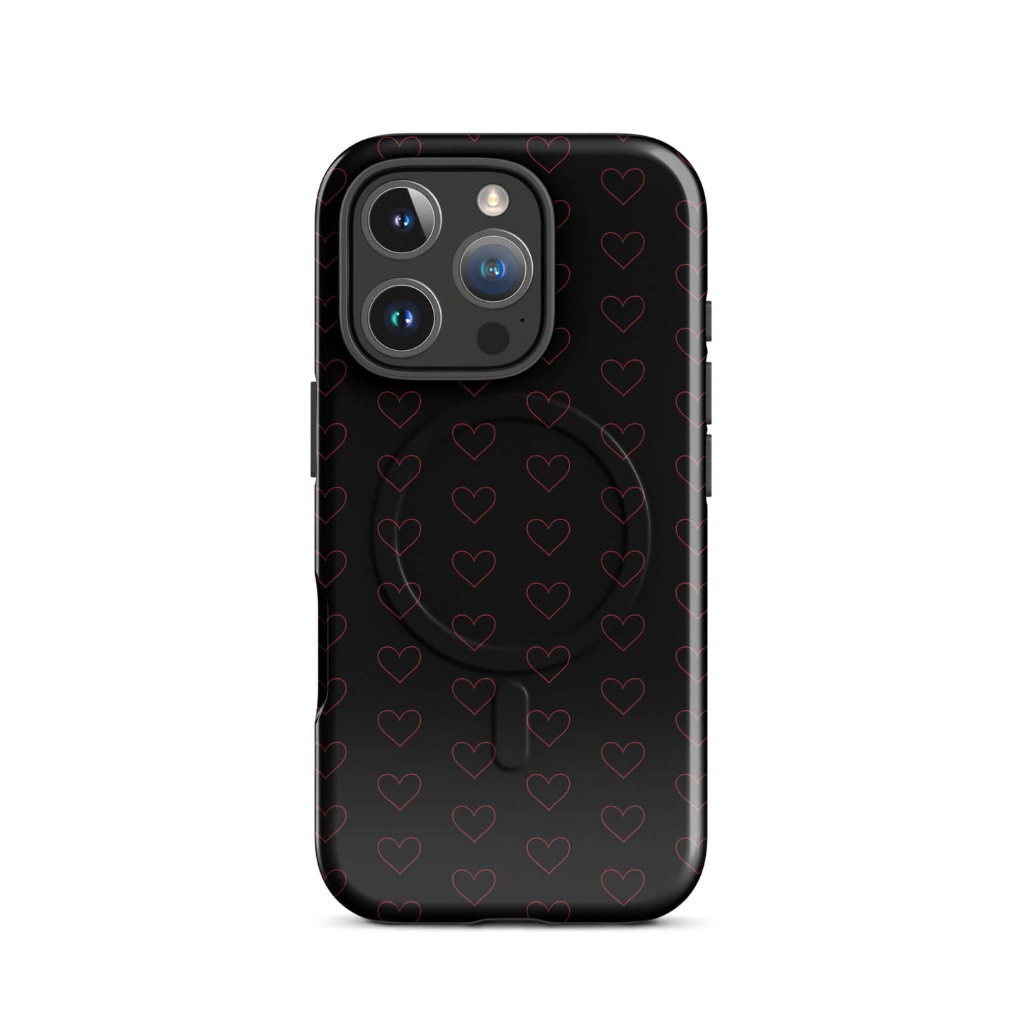 Magnetic Phone Case featuring a luxe crimson heart pattern on a sleek black background.