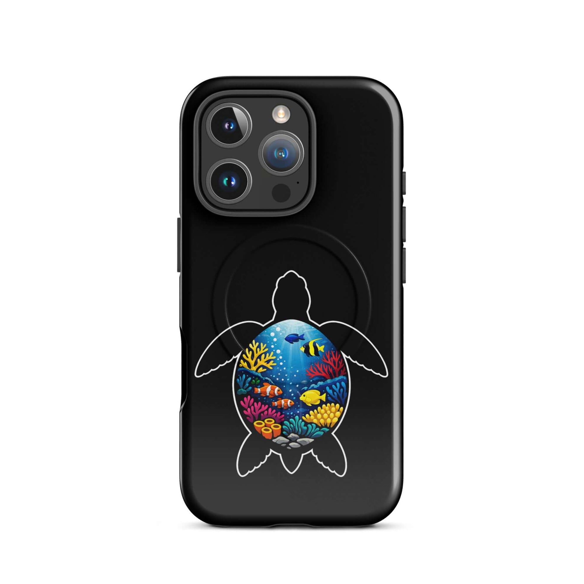 Magnetic Phone Case for iPhone featuring vibrant sea turtle and coral reef design.