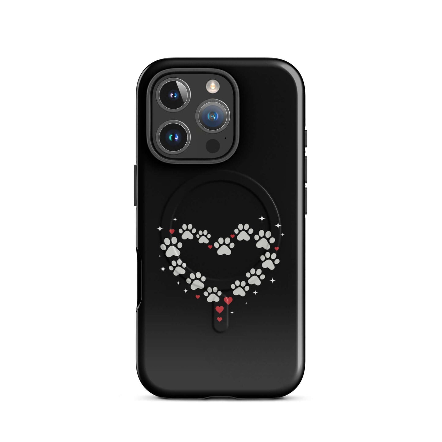 Magnetic Phone Case for iPhone featuring a charming paw-print heart design on a black backdrop.