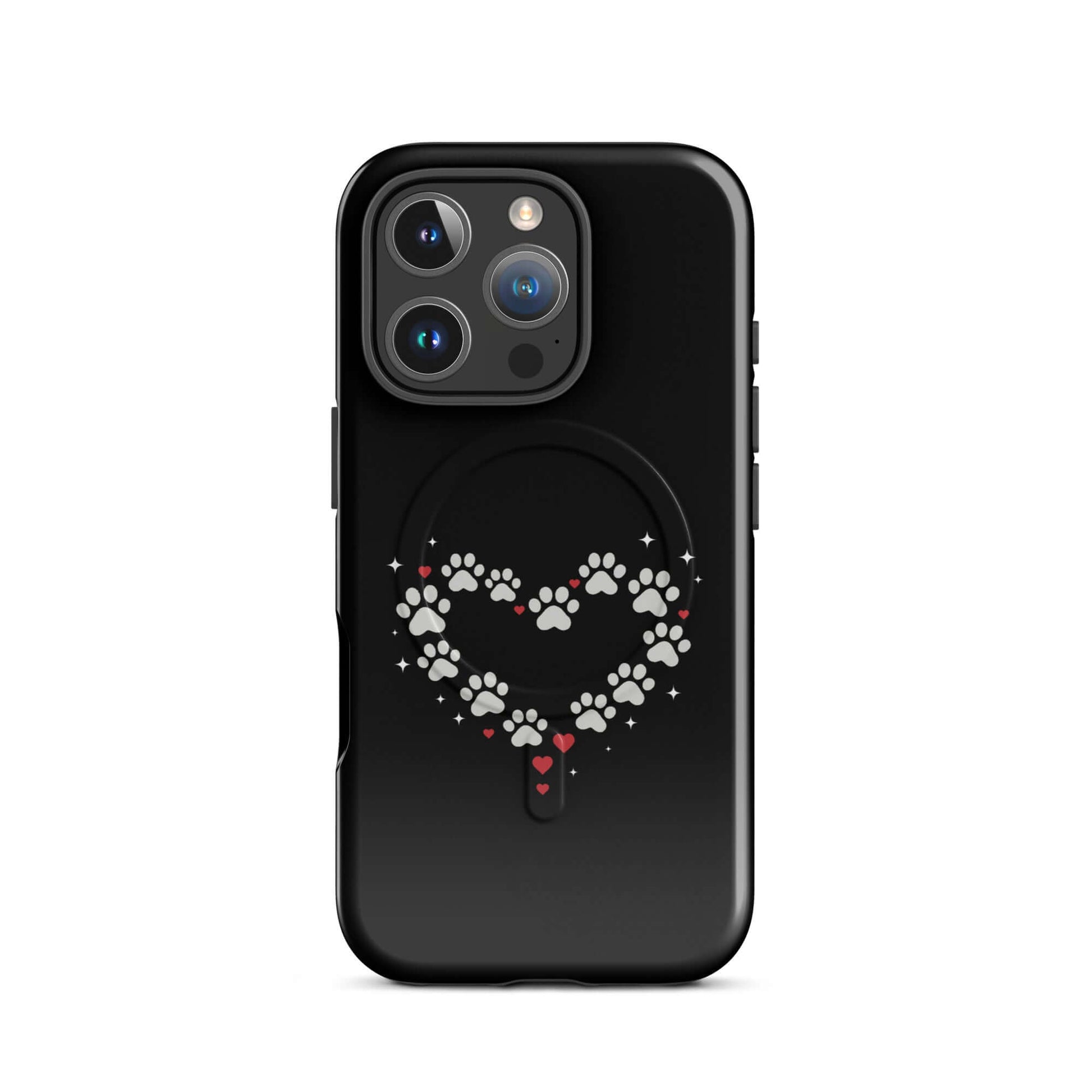 Magnetic Phone Case for iPhone featuring a charming paw-print heart design on a black backdrop.