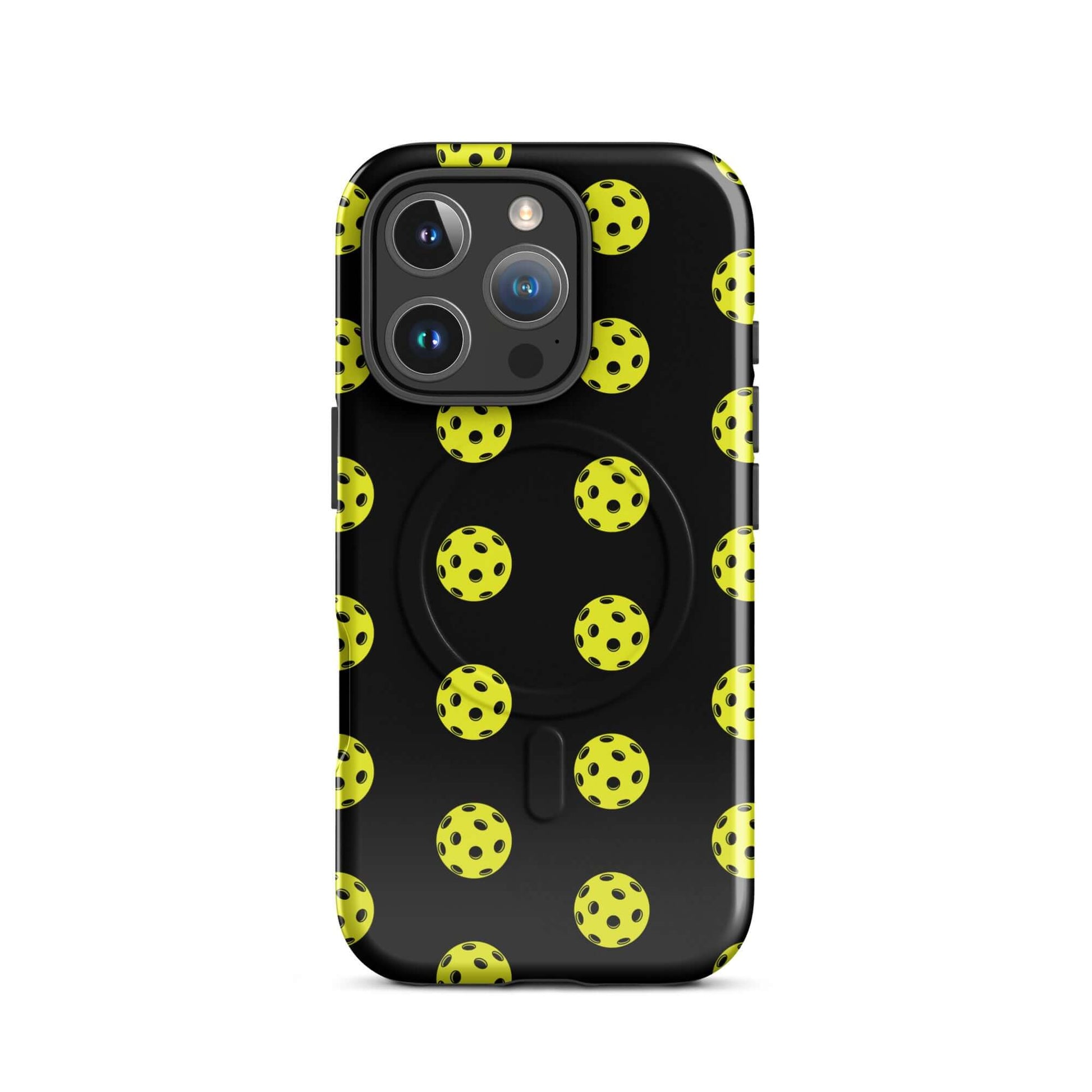 Magnetic Phone Case featuring playful yellow pickleball pattern on a black background for sporty style.