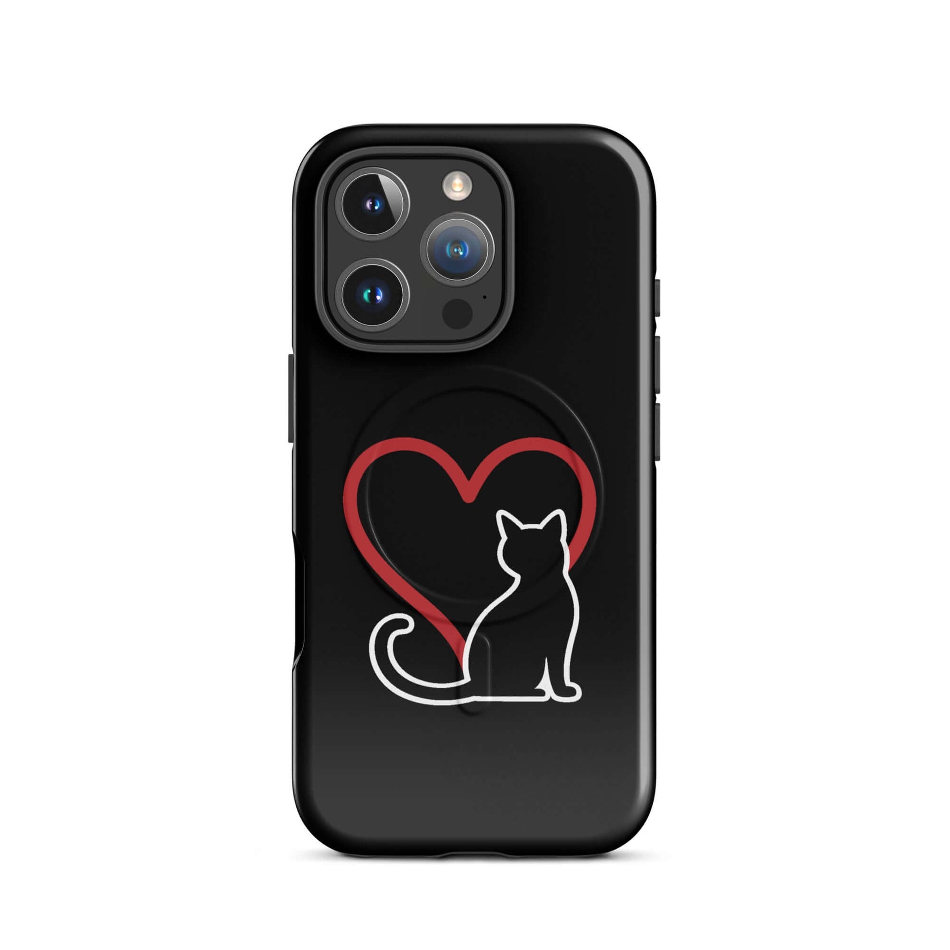 Magnetic Phone Case featuring a black cat and red heart design, perfect for cat lovers.