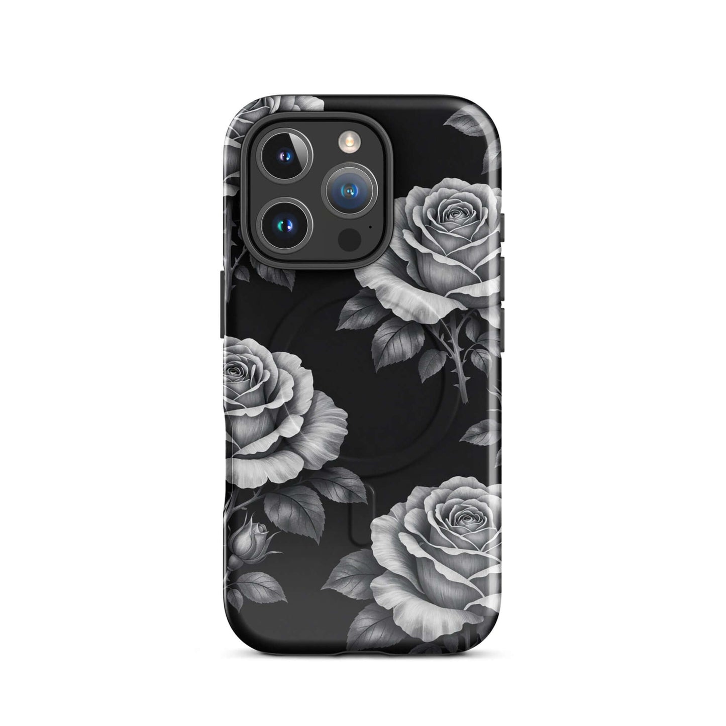 Magnetic Phone Case with rose design for iPhone, featuring hand-sketched roses on black background, Rose Garden Tough Case.