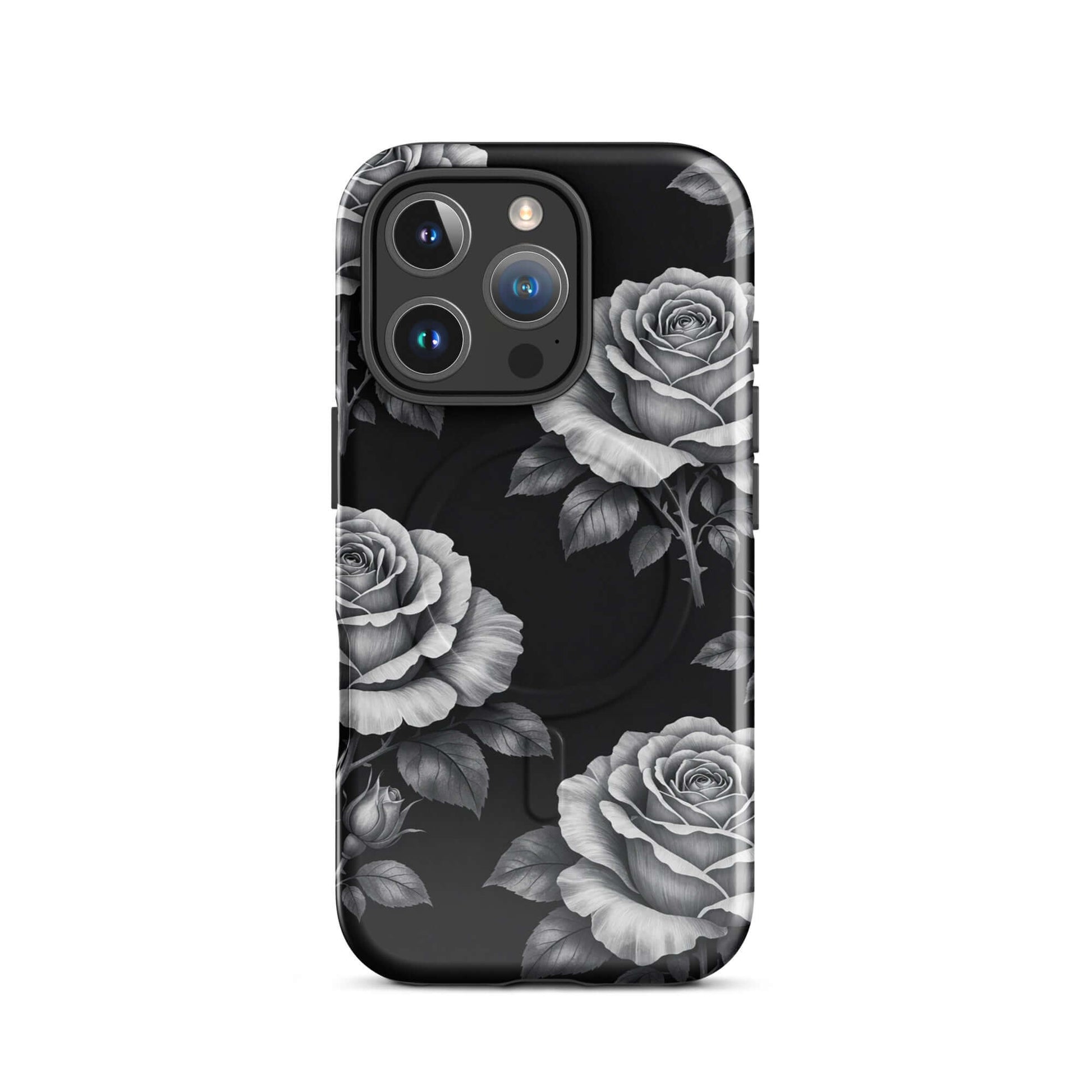 Magnetic Phone Case with rose design for iPhone, featuring hand-sketched roses on black background, Rose Garden Tough Case.
