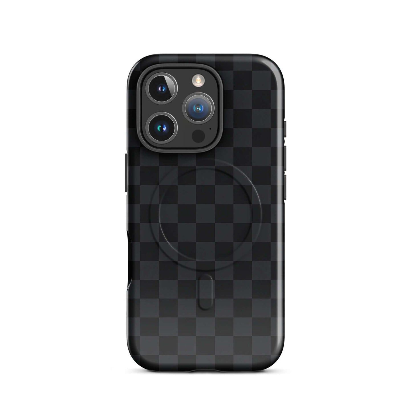 Magnetic Phone Case with black and charcoal checkered design for iPhone, sleek and modern protection with stylish edge.