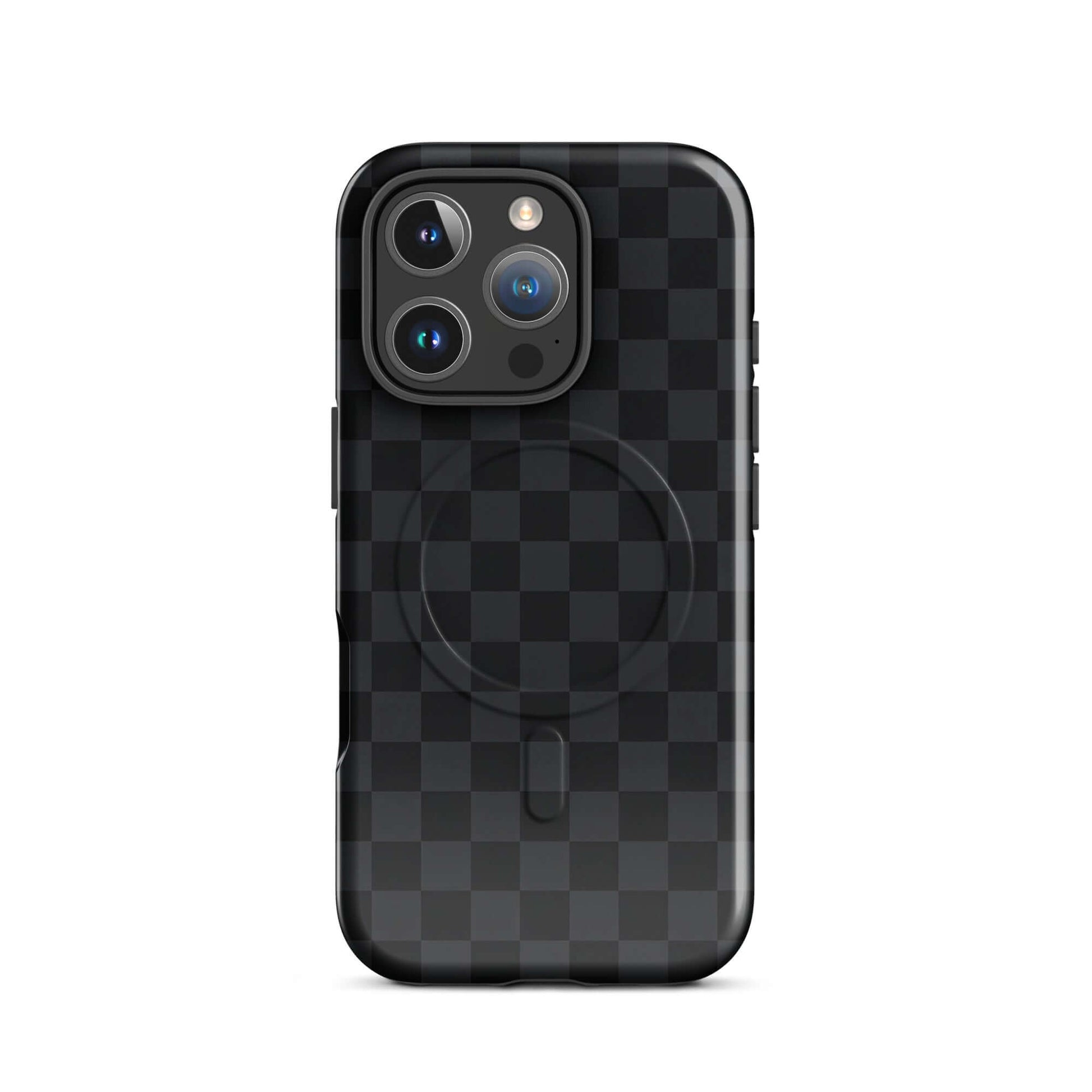 Magnetic Phone Case with black and charcoal checkered design for iPhone, sleek and modern protection with stylish edge.