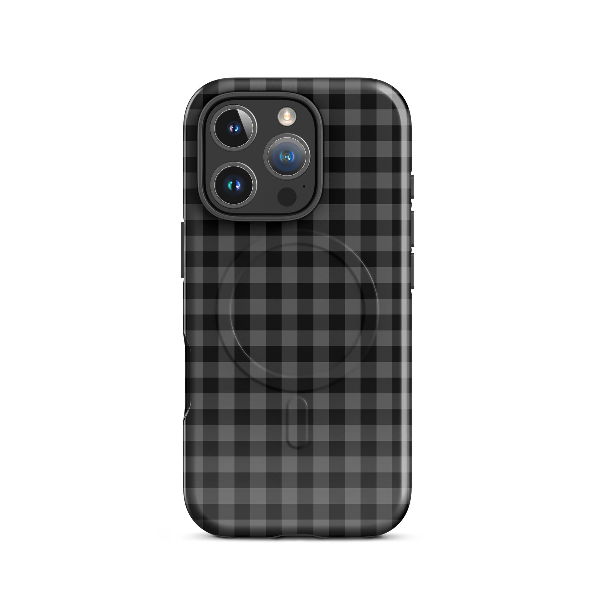 Magnetic Phone Case for iPhone with black and charcoal gingham pattern, offering stylish design and durable protection.