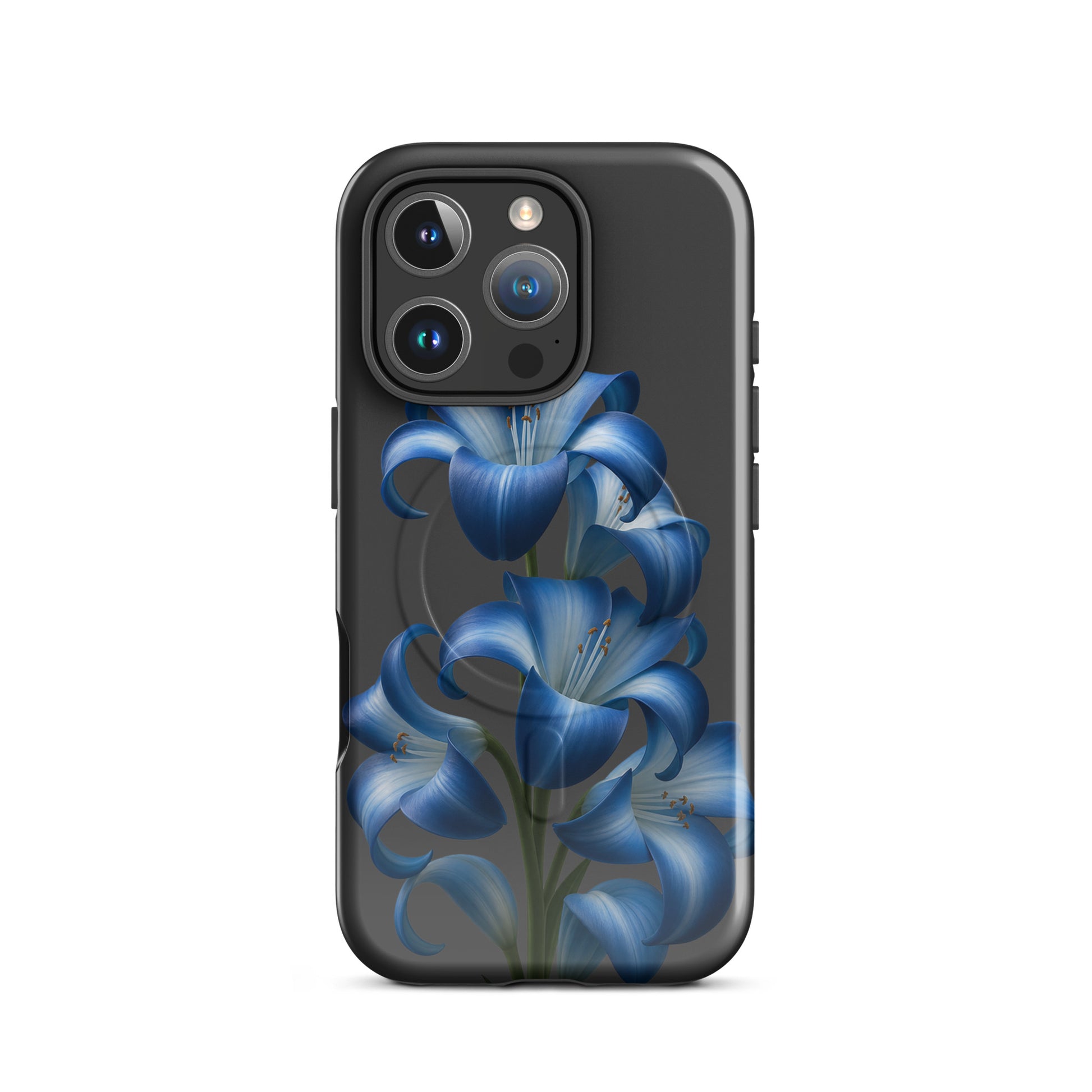 Magnetic Phone Case with blue lily bloom art on dark iPhone back, combining floral elegance and durable protection.