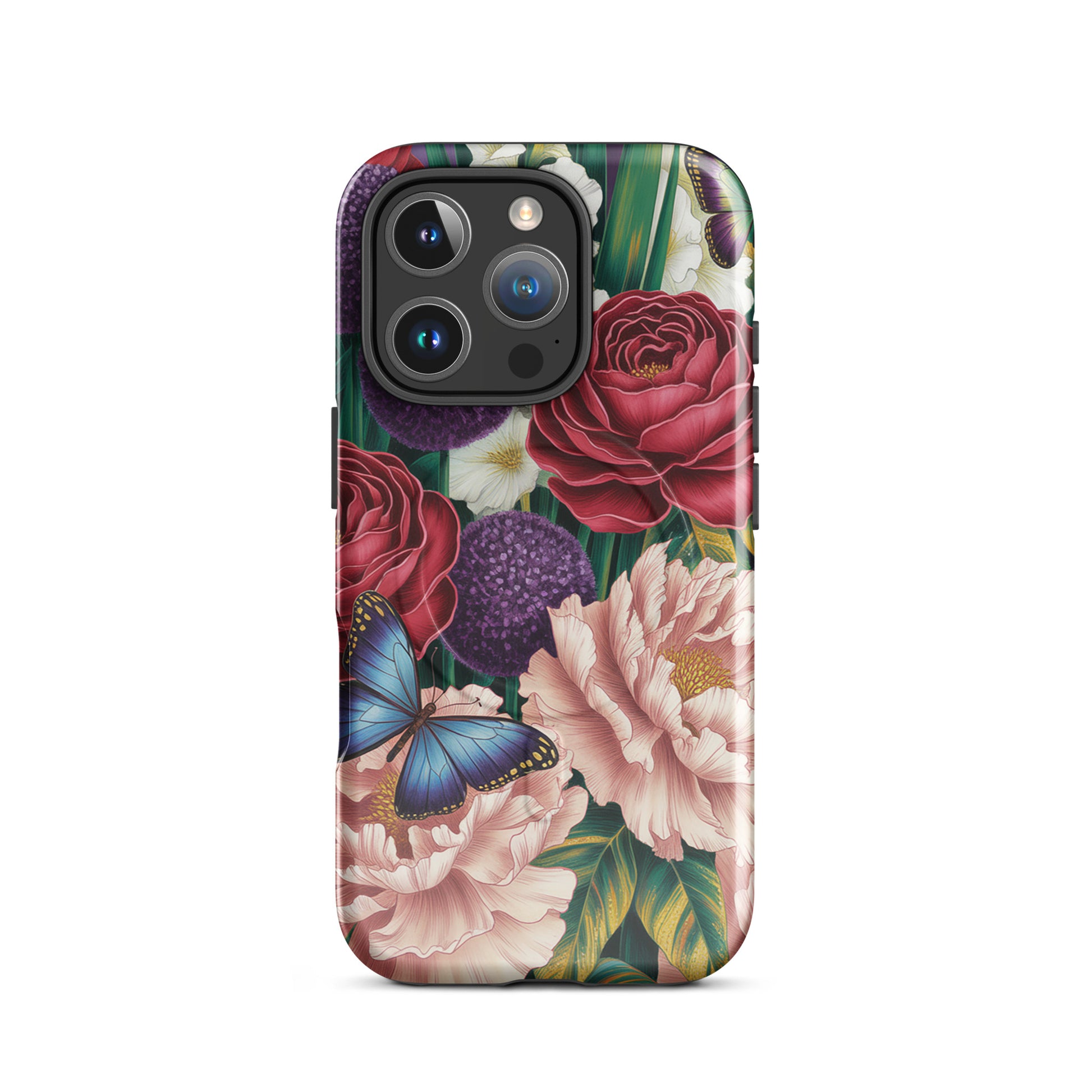Magnetic Phone Case with botanical garden design featuring roses, peonies, alliums, and butterflies for iPhone protection.