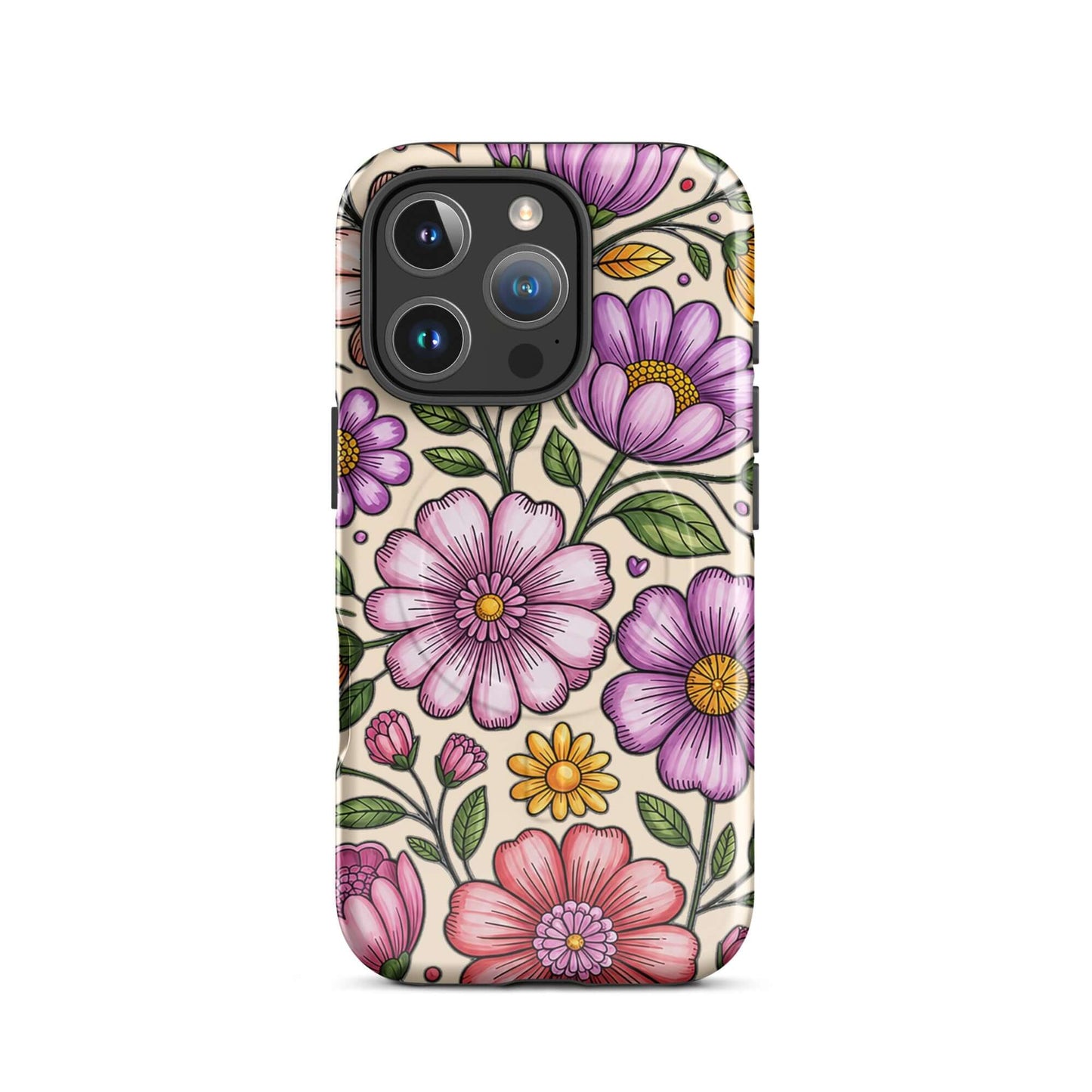 Magnetic Phone Case with pastel floral design, featuring pink, peach, lavender, and yellow flowers on a phone case.