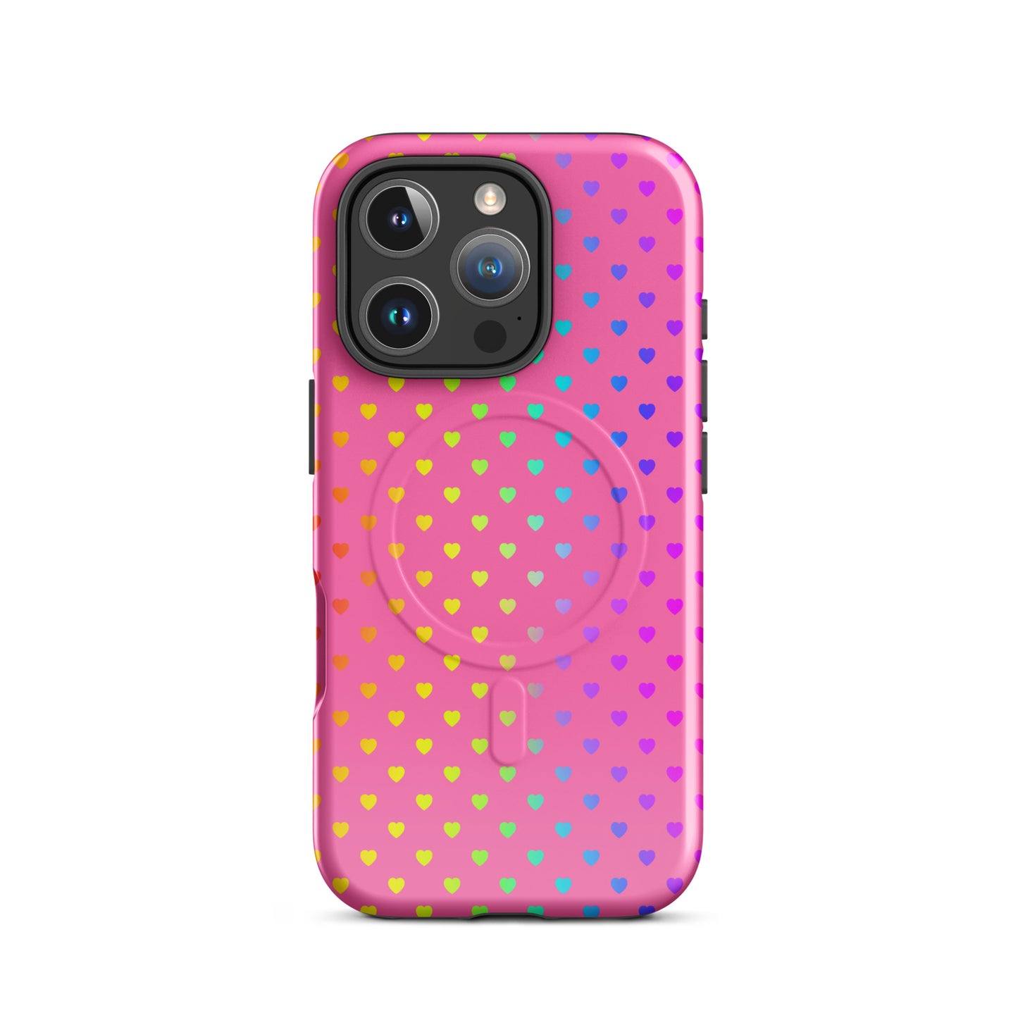 Magnetic Phone Case for iPhone with cute rainbow hearts on a pink background, dual-layer design for protection and charm.
