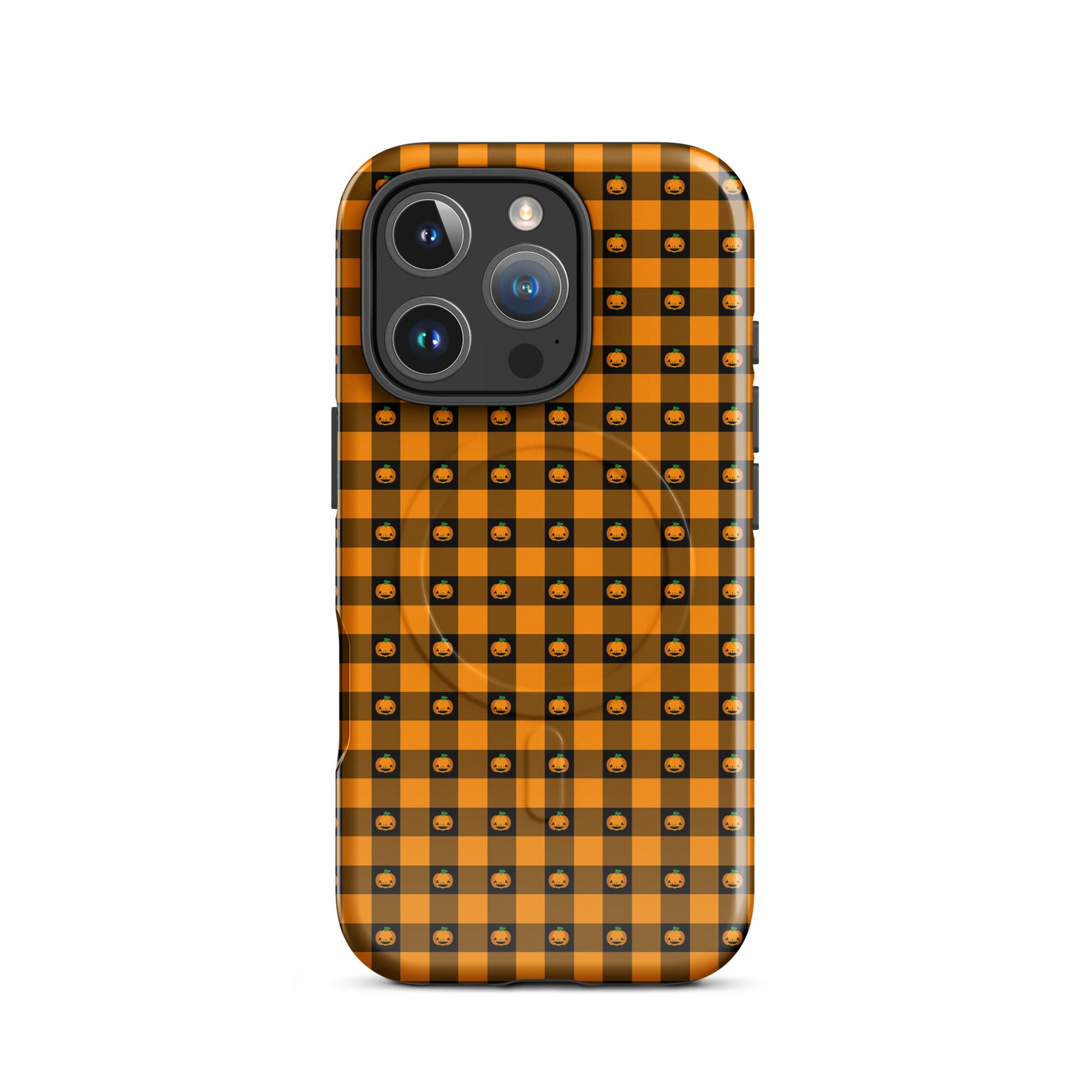 Magnetic Phone Case with Halloween Pumpkin Gingham design for iPhone, featuring festive jack-o’-lantern faces. Cute and seasonal accessory.
