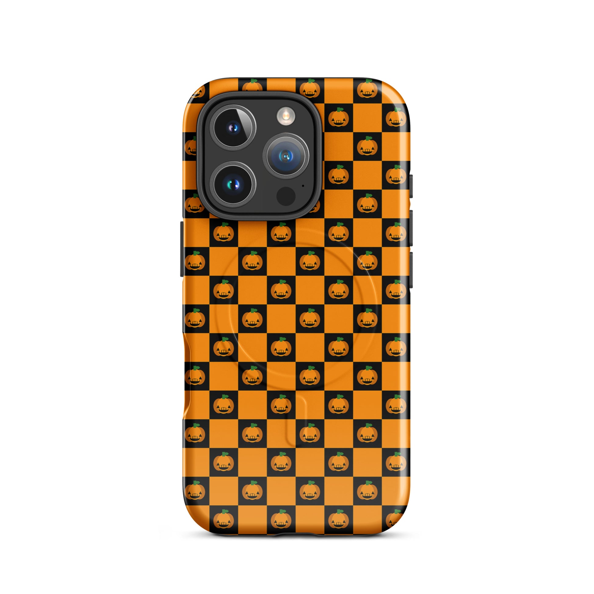Magnetic Phone Case for iPhone with pumpkin checkered Halloween design in orange and black squares featuring jack-o'-lanterns.