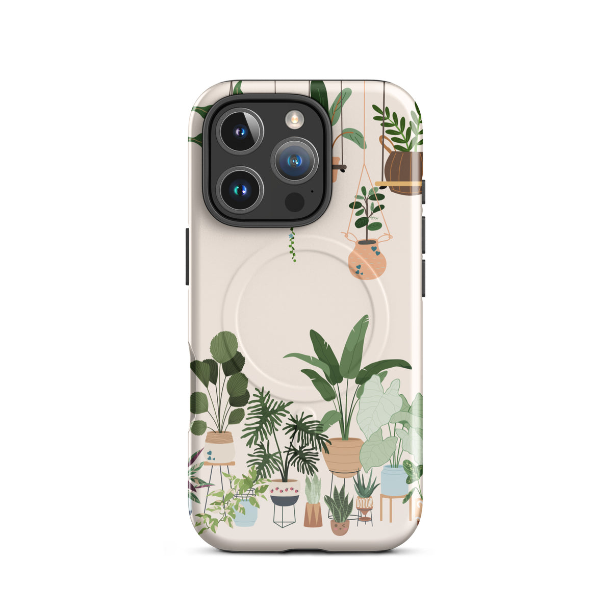 Magnetic Phone Case for iPhone featuring botanical design with plant illustrations and hanging planters. Stylish and nature-inspired accessory.