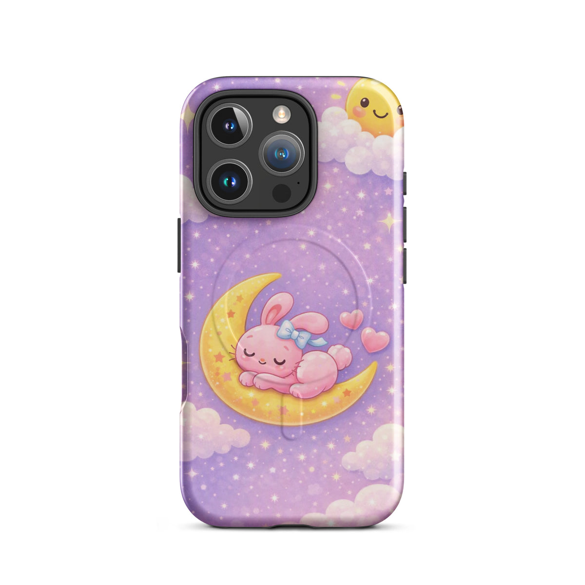 Magnetic Phone Case featuring a cute bunny sleeping on a crescent moon with a dreamy pastel sky design.