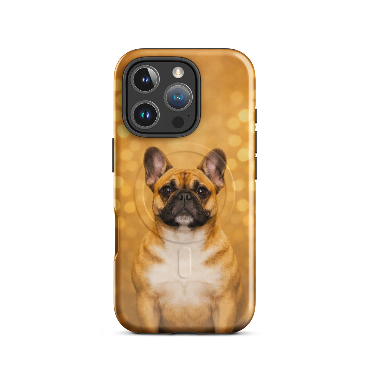Magnetic Phone Case for iPhone with French Bulldog portrait on golden bokeh background, showcasing playful and sophisticated design.