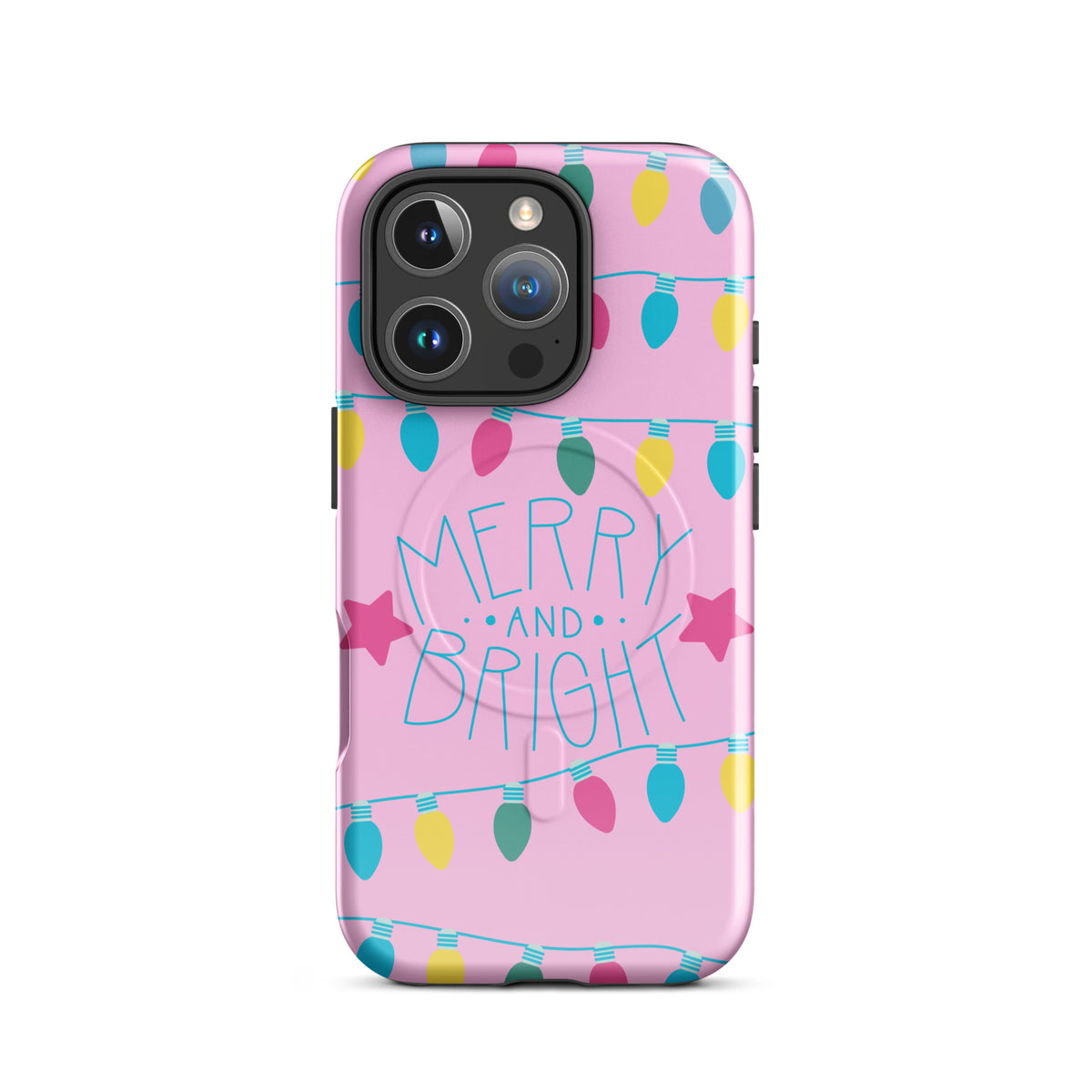 Magnetic Phone Case for iPhone with "Merry and Bright" holiday lights, featuring a pink background and colorful festive bulbs.